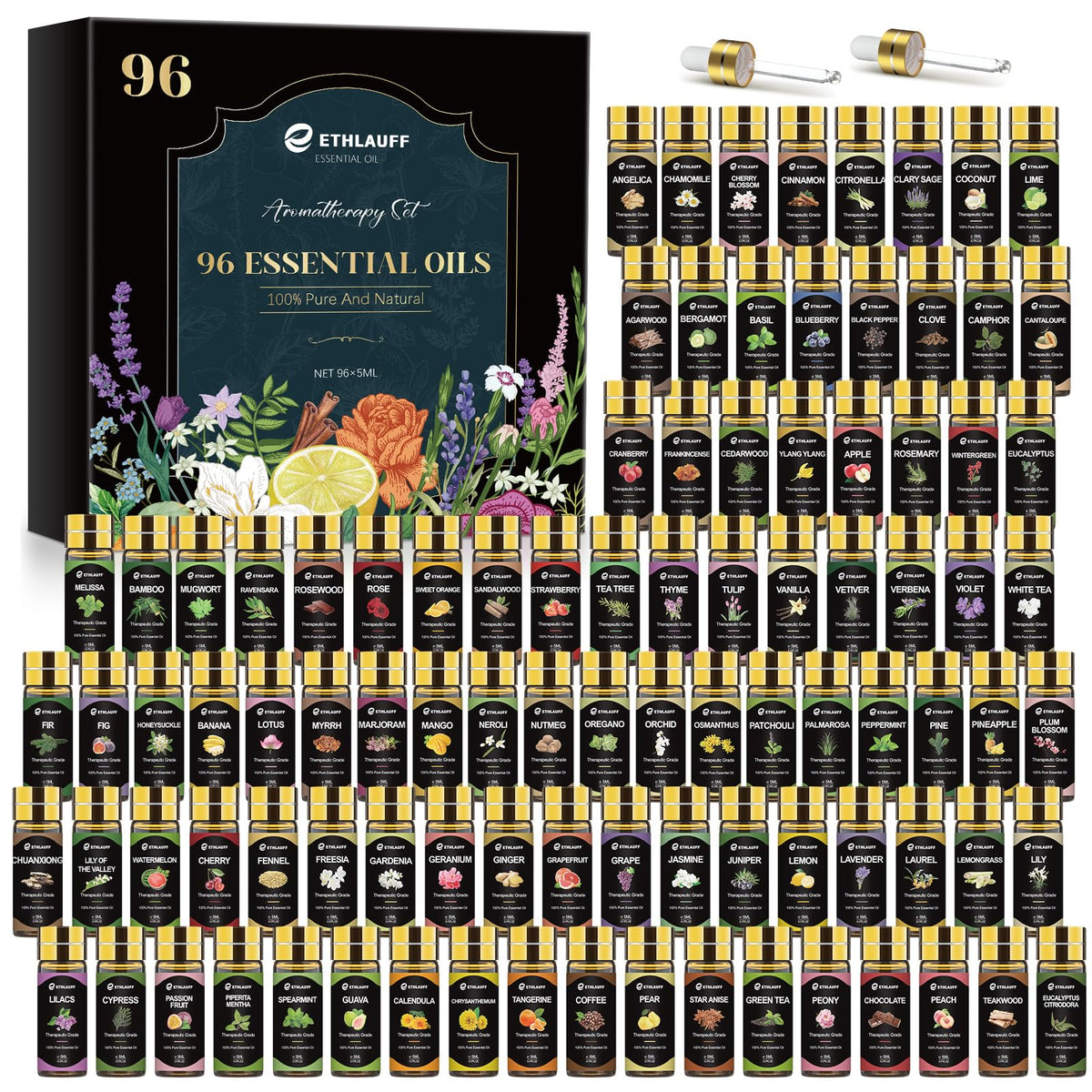 Ethlauff Essential Oil Set box with 96 scents for aromatherapy exploration and gifting