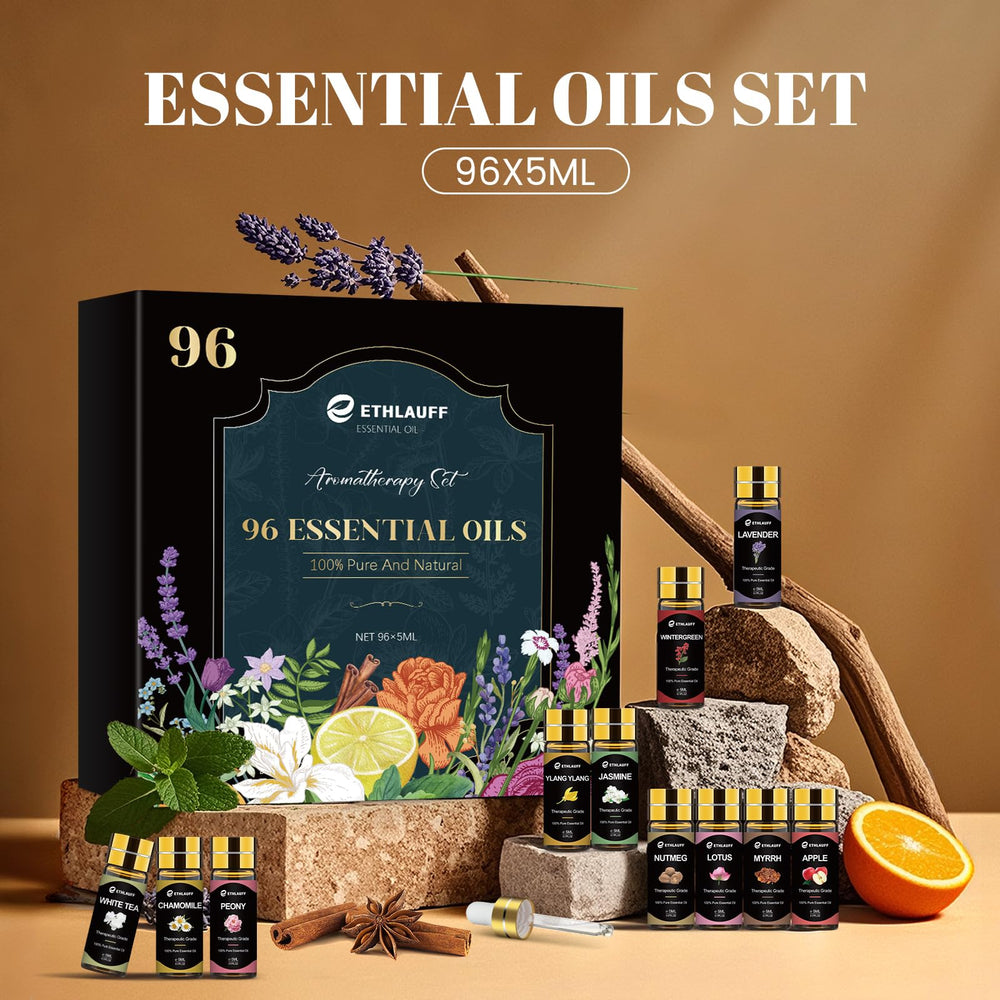 Ethlauff essential oil set brown bottles closeup preserves potency and blocks light