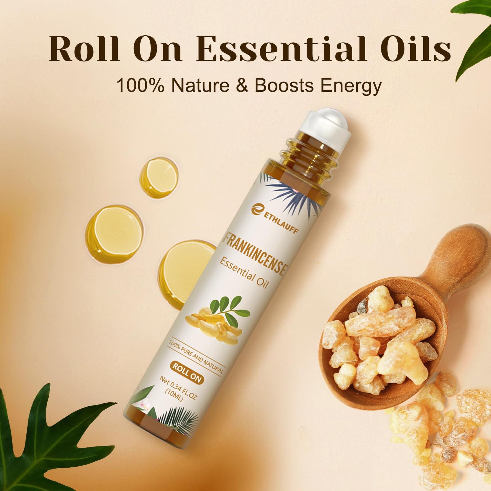 Ethlauff Frankincense roll-on amber glass bottle preserves purity.