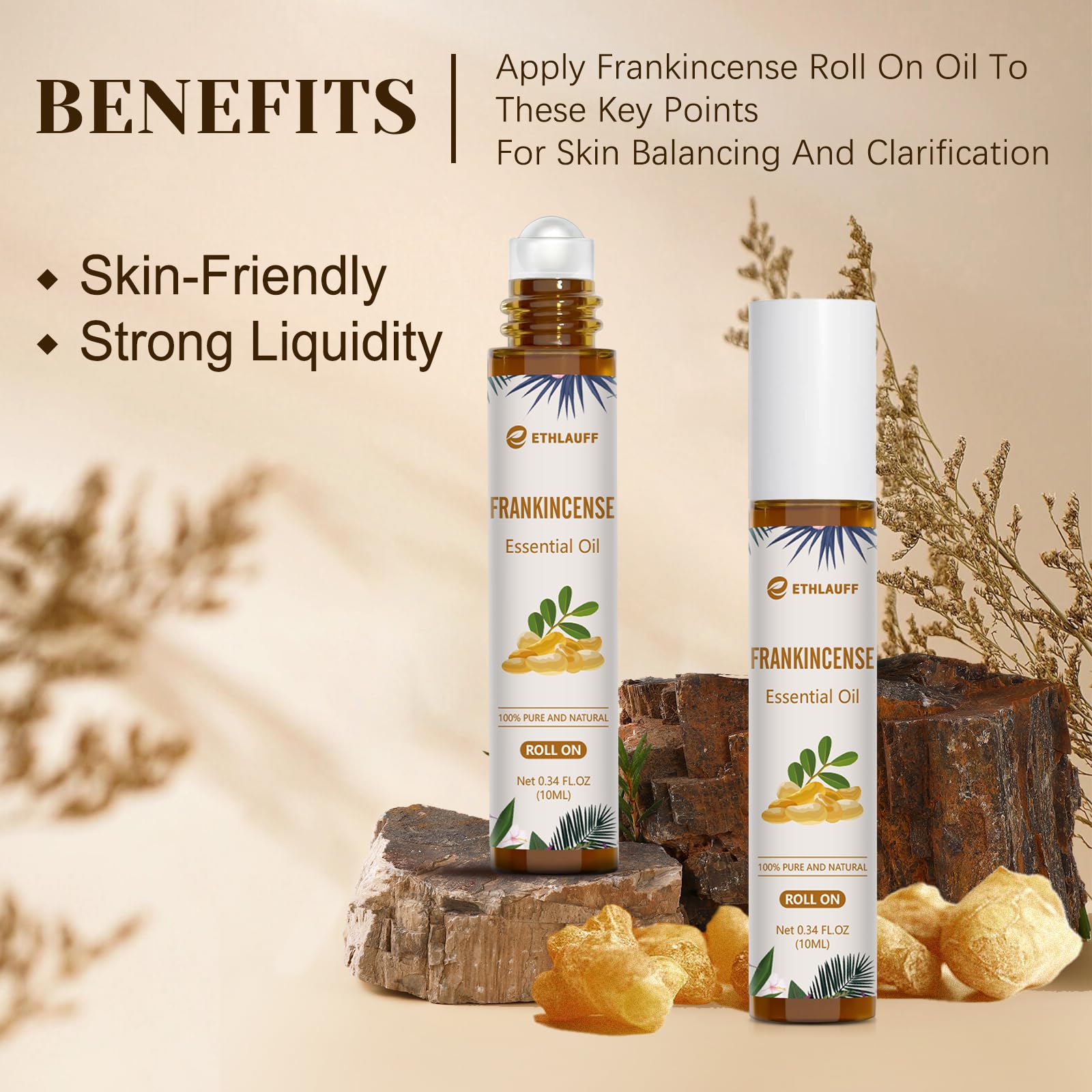 Ethlauff Frankincense roll-on compact packaging ideal for travel and gifting.