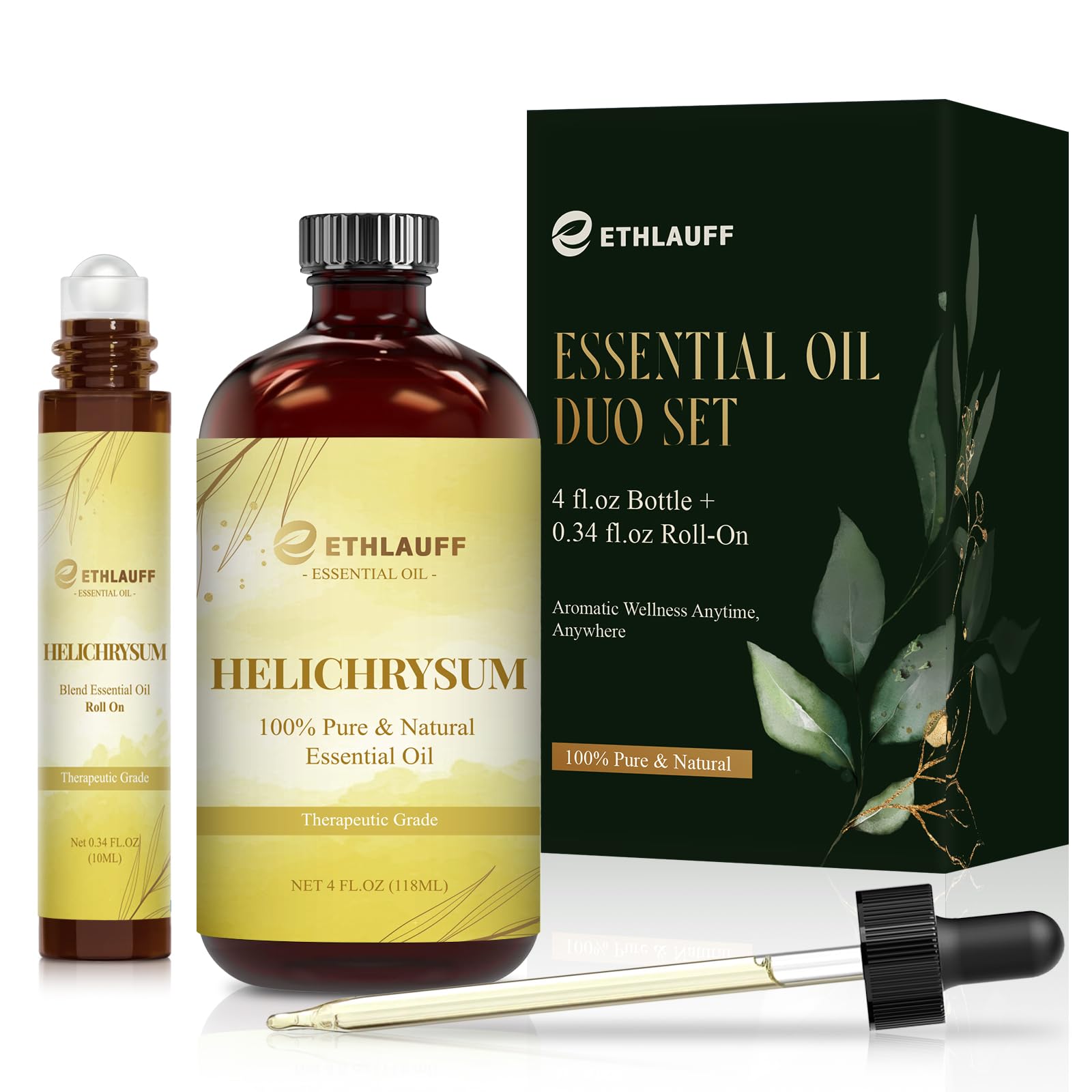 Ethlauff Helichrysum 4oz bottle for daily aromatherapy and relaxation.