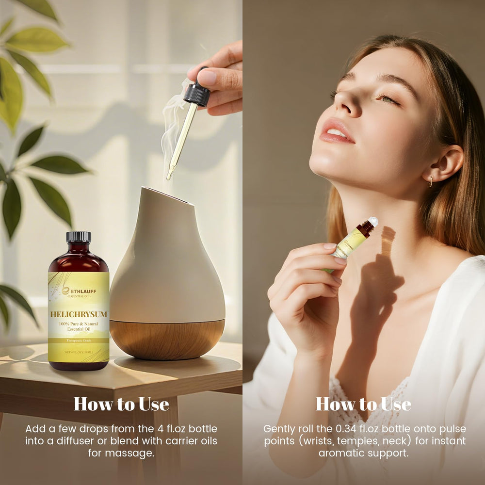 Ethlauff Helichrysum blends with massage oil for a calming routine.