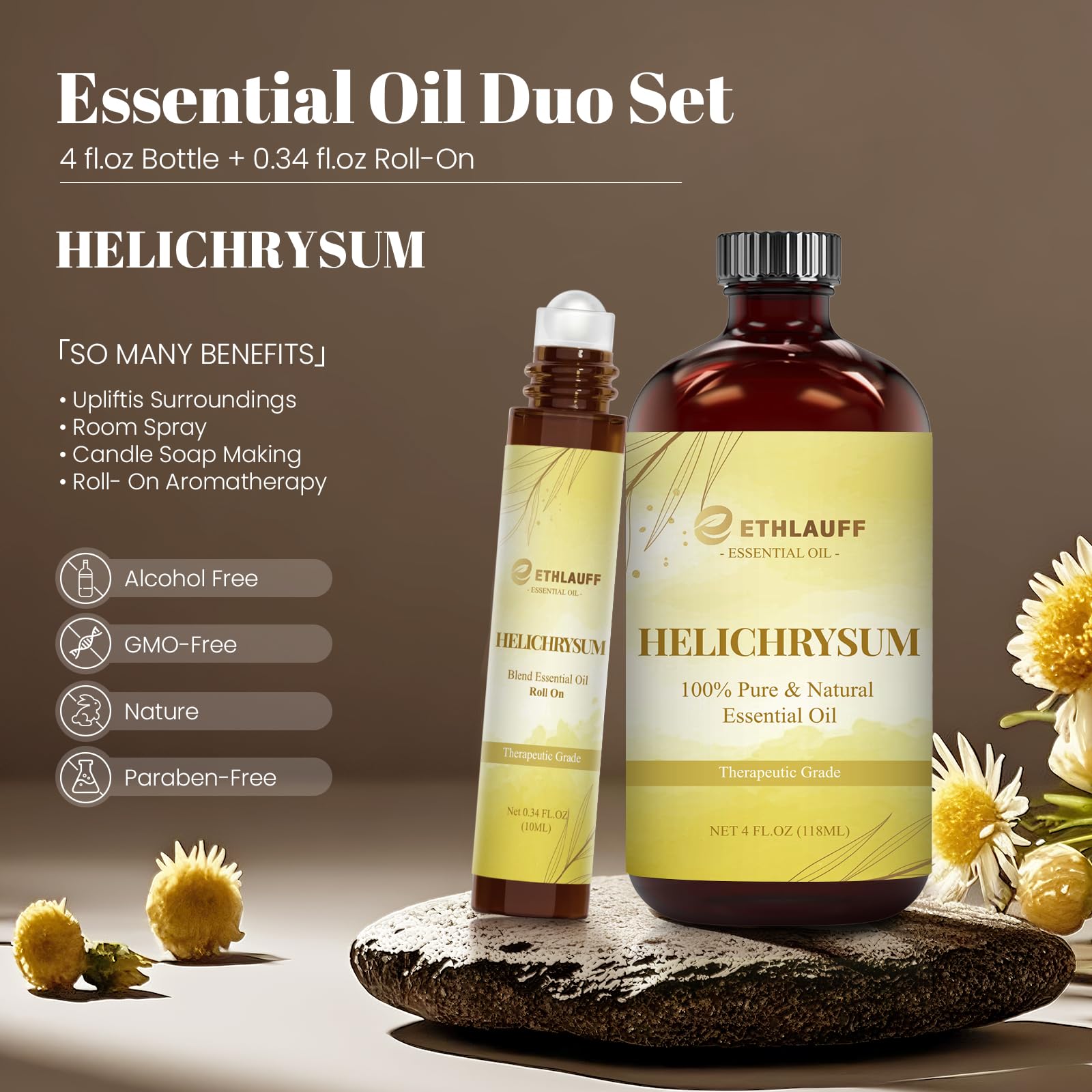 Ethlauff Helichrysum roll-on 0.34oz enables quick, targeted relief and aroma.