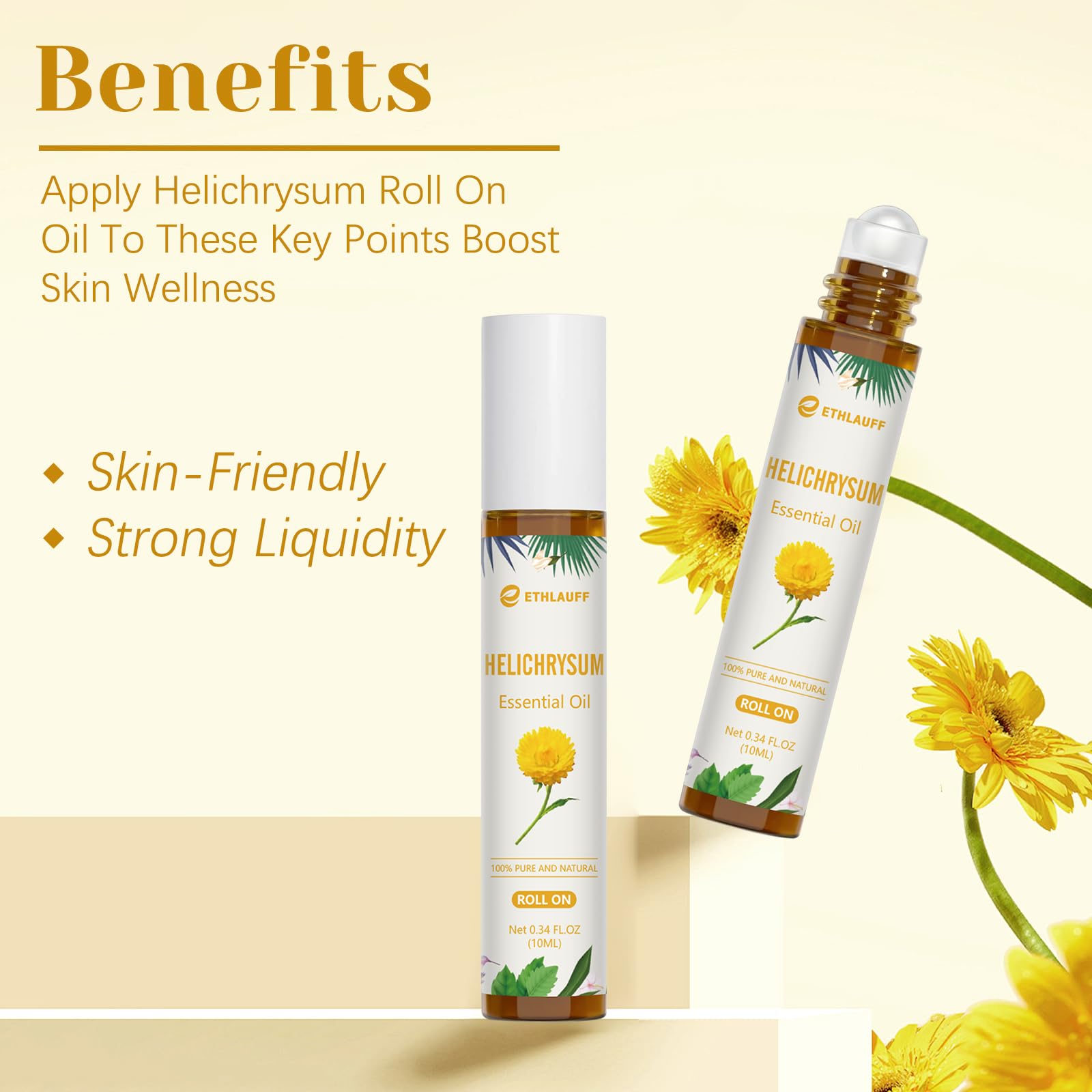Ethlauff Helichrysum roll-on travel-size ideal for bags and trips.