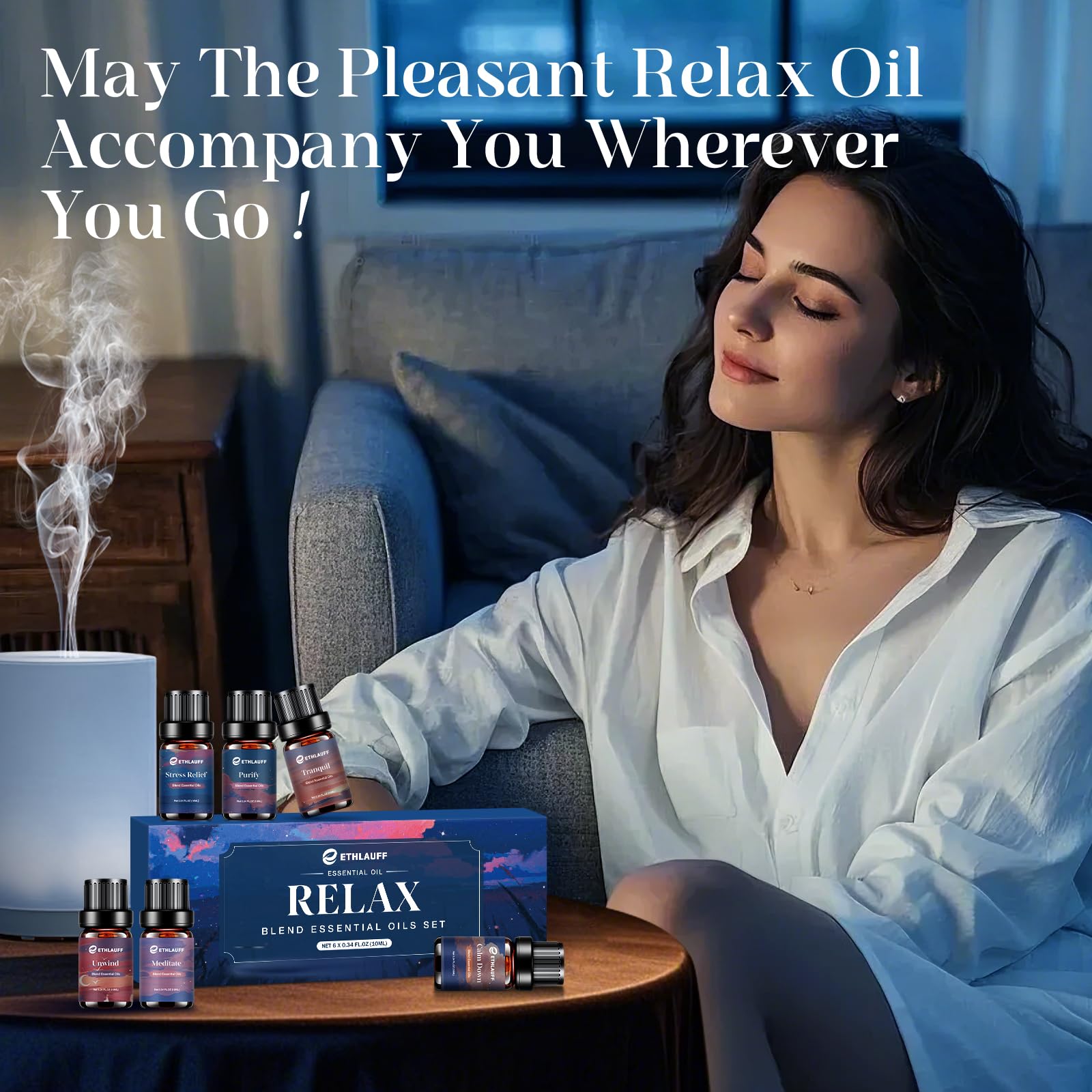 Ethlauff Relax Diffuser Oil tranquil aroma bottle creates earthy, grounding atmosphere.