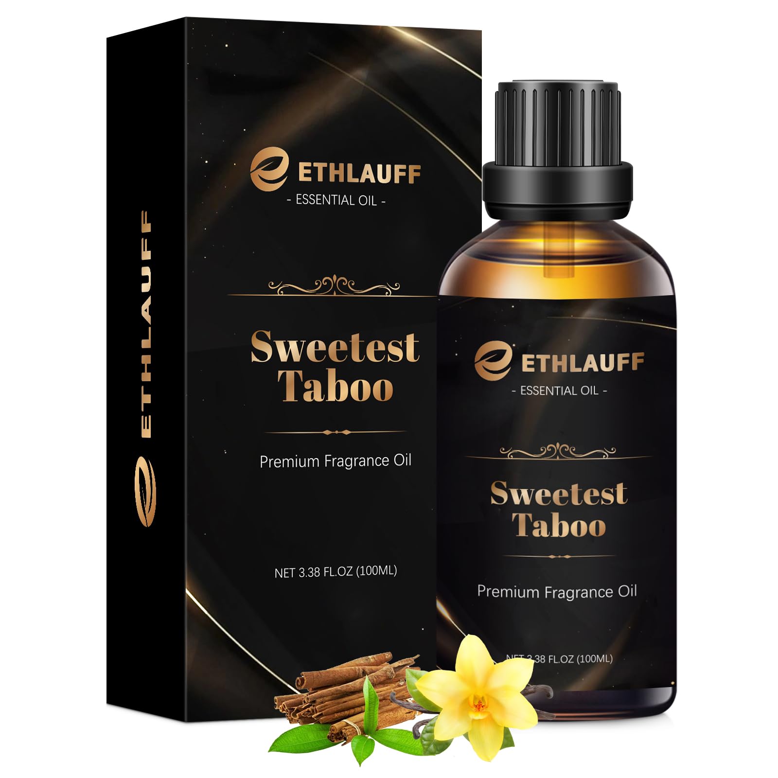 Ethlauff Sweetest Taboo fragrance oil bottle for candles and soaps, offering a bold, masculine aroma.