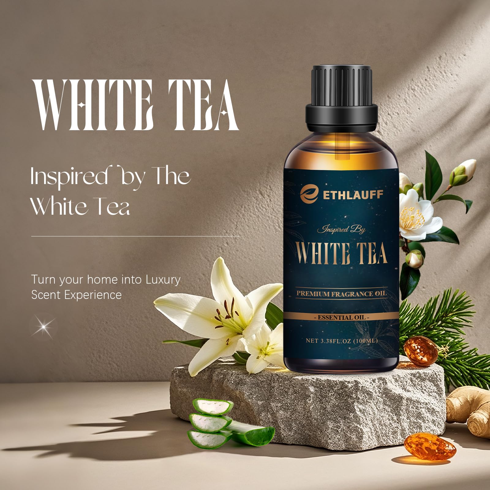 Ethlauff White Tea diffuser oil closeup reveals the elegant blend.