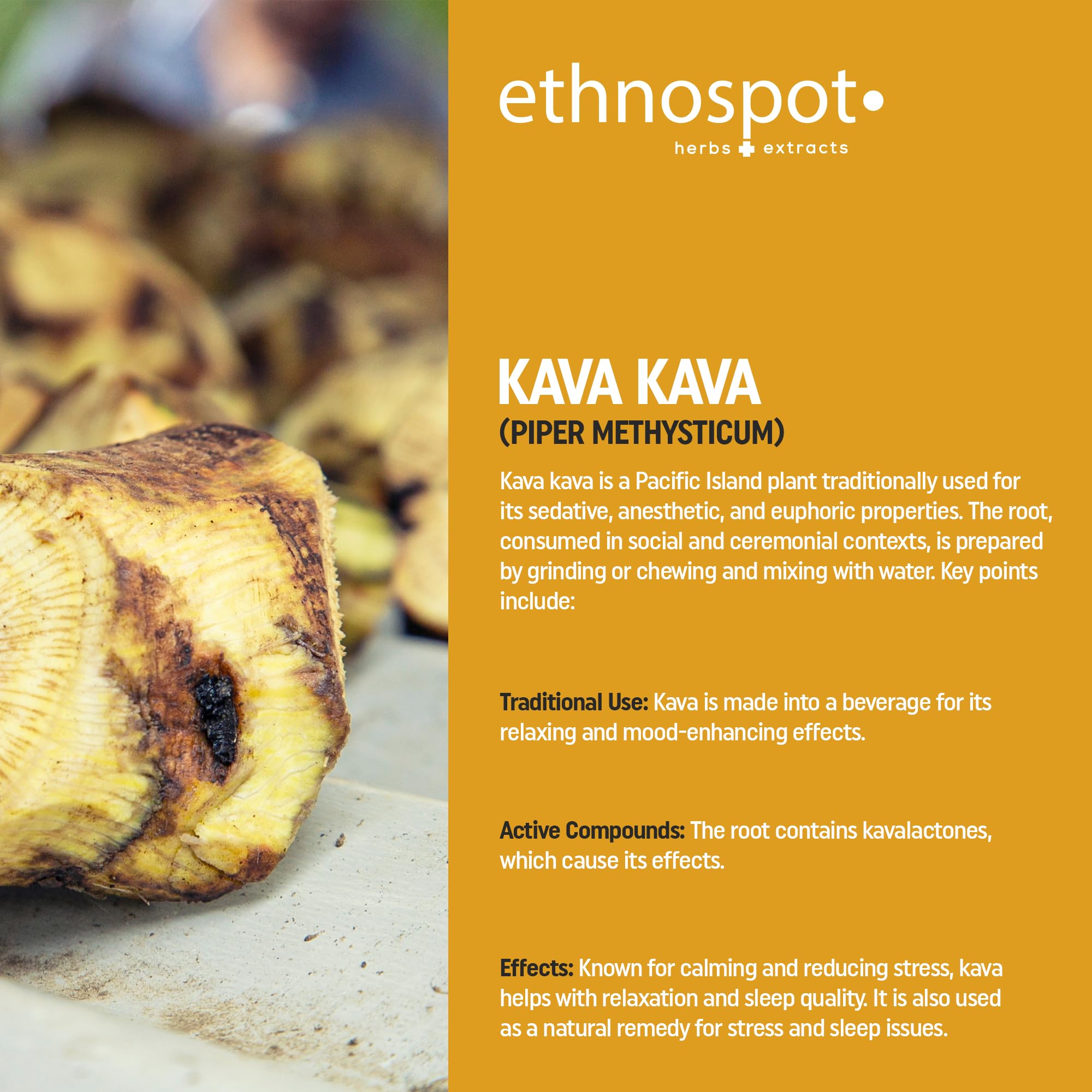 Ethnospot Kava Kava Root Tea Bag packaging highlights natural ingredients