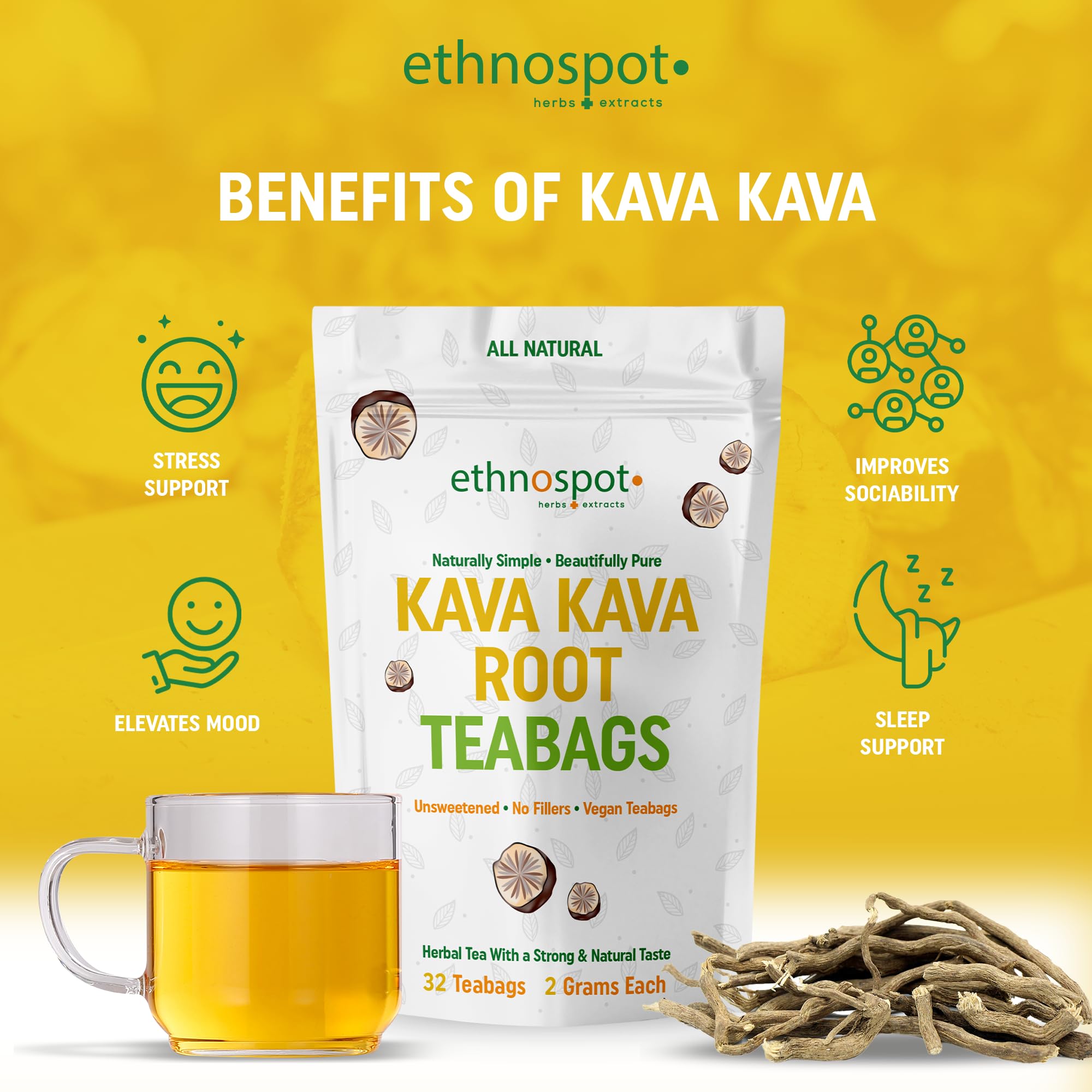 Ethnospot Kava Kava Root Tea Bags box demonstrates convenient daily calm