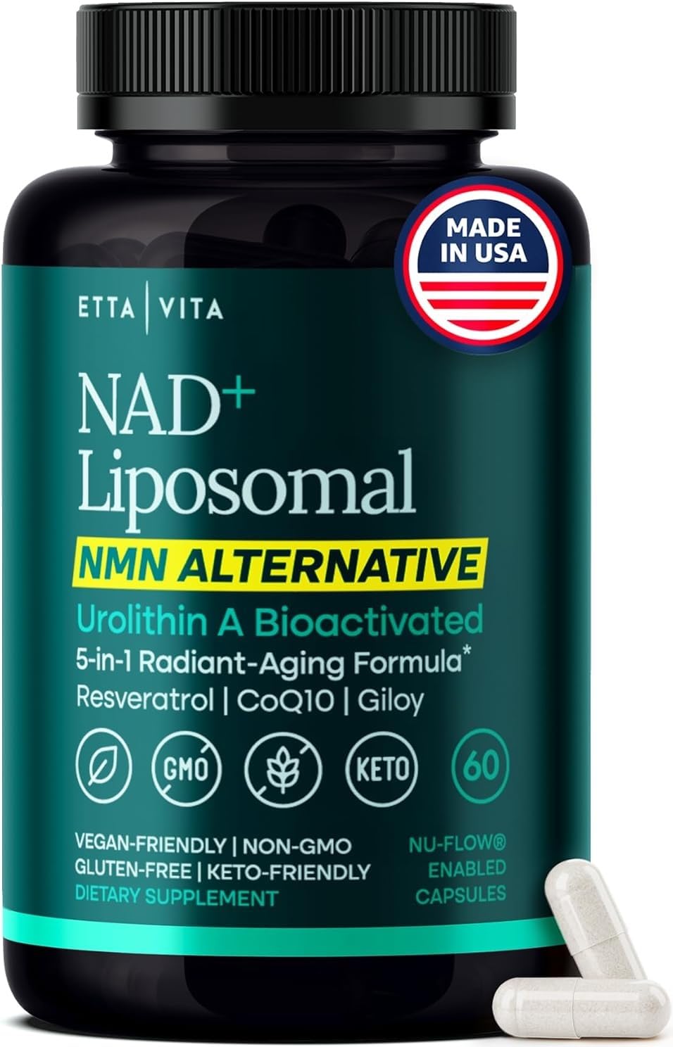 Etta Vita liposomal NAD+ bottle label highlighting advanced absorption potential