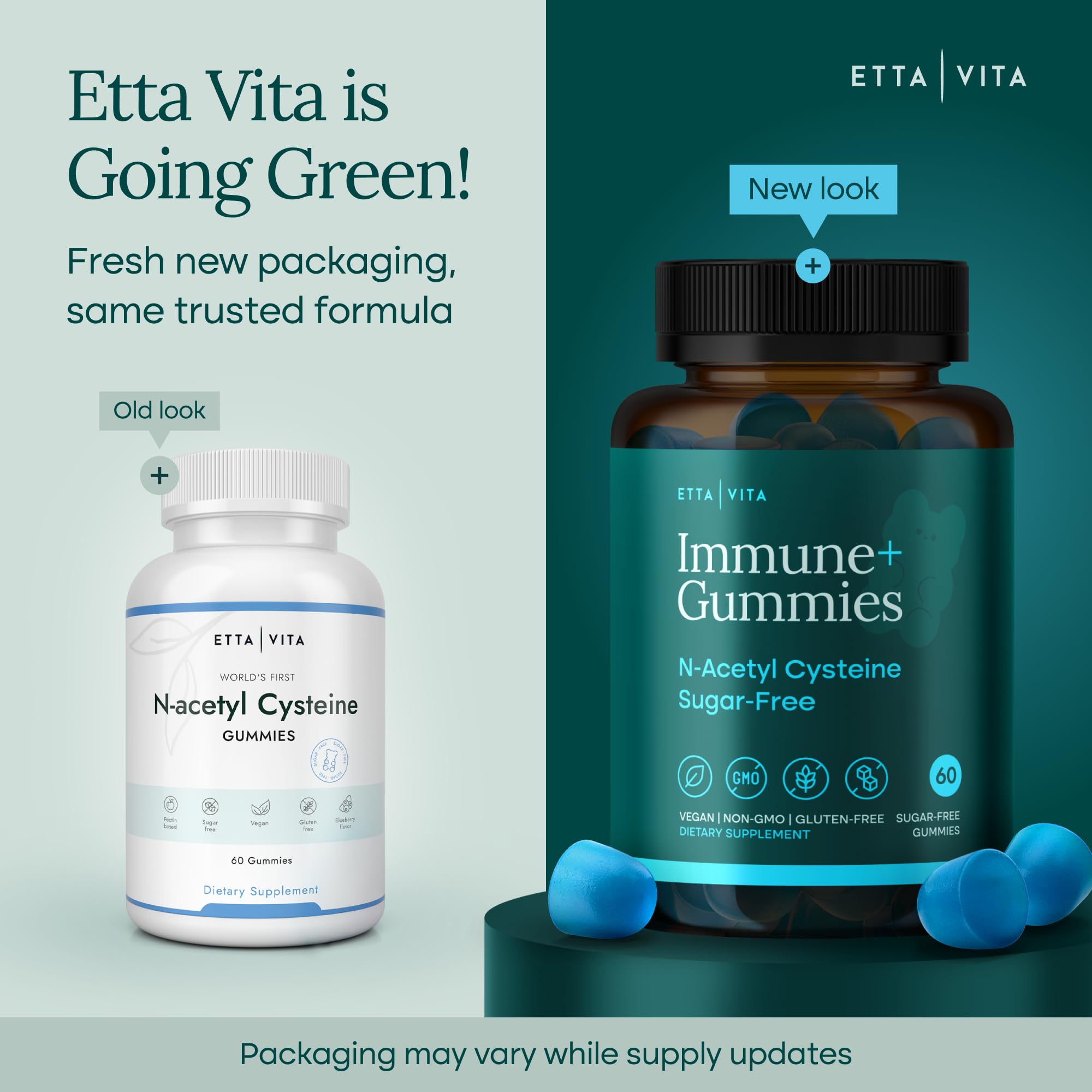 Etta Vita NAC gummies bottle close-up highlighting vegan, sugar-free coating and 60-count packaging