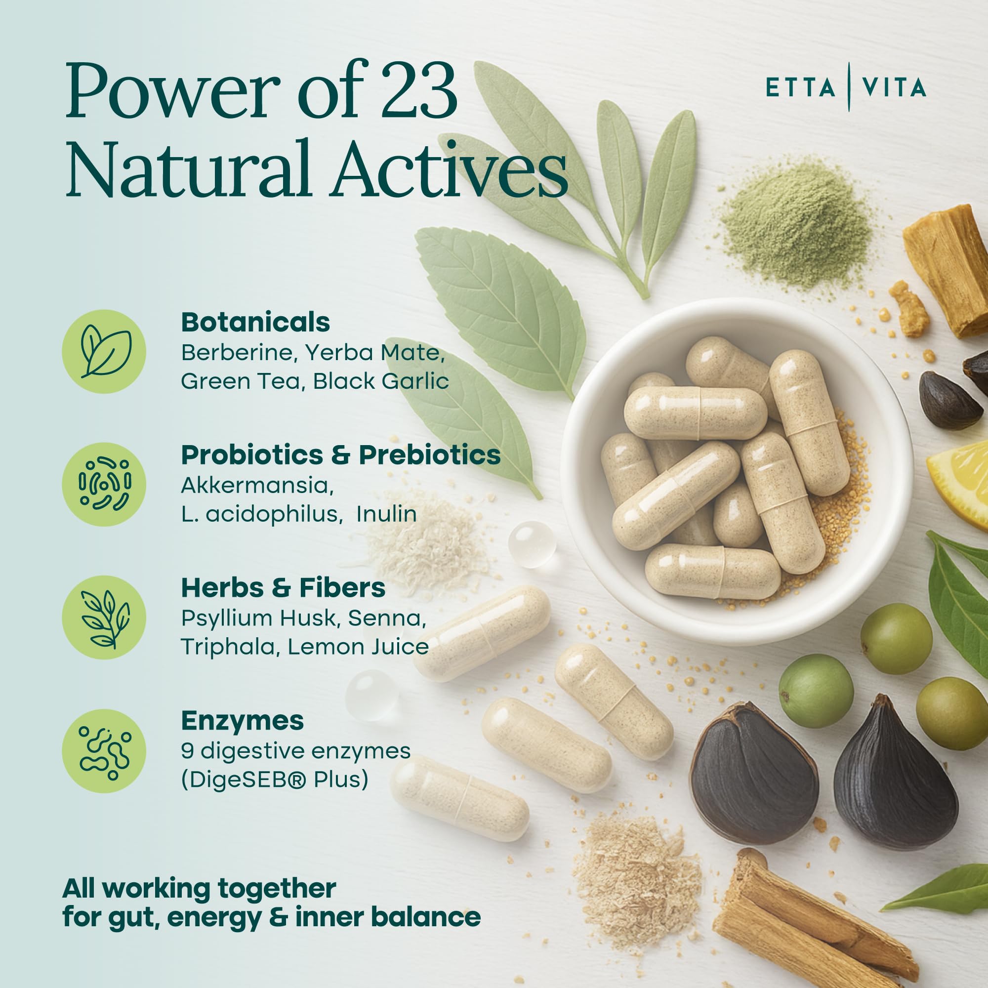 Etta Vita Probiotics Akkermansia bottle supports gut balance and nutrient absorption.