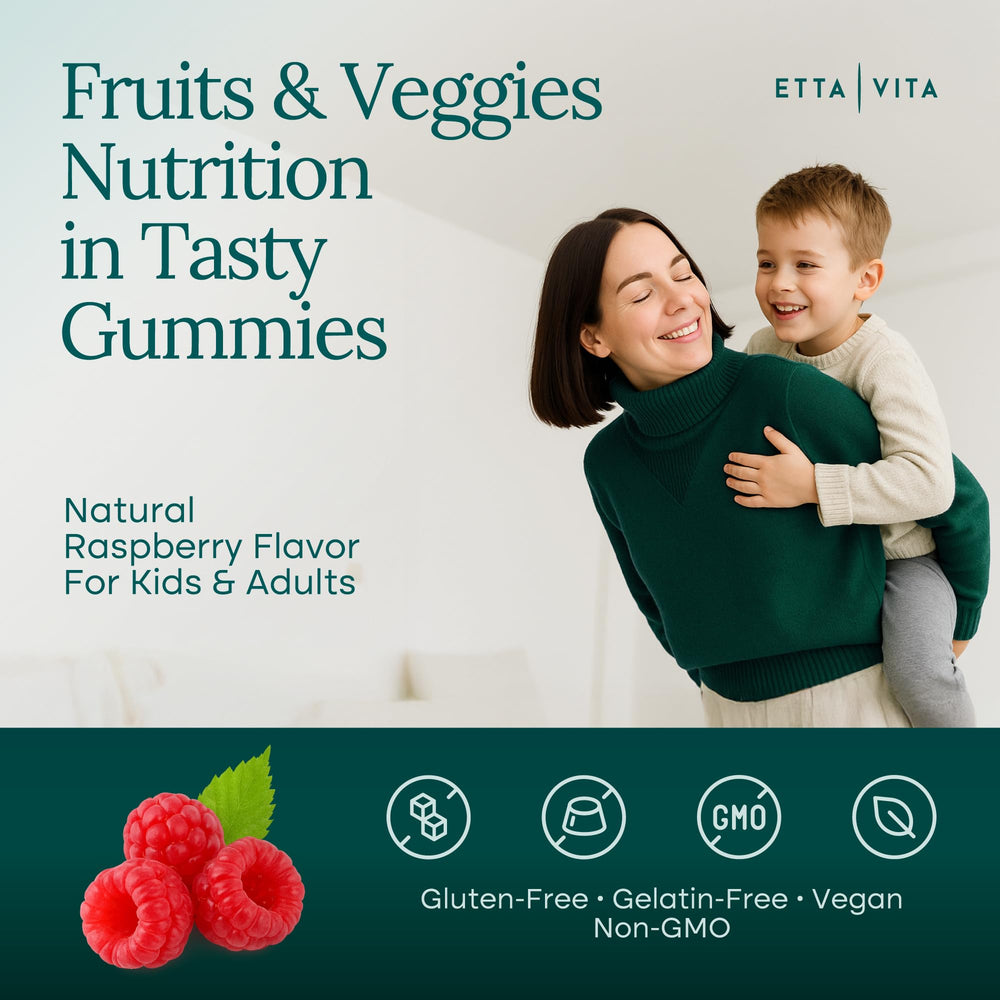 Etta Vita super greens gummies closeup, tasty energy and immune support.