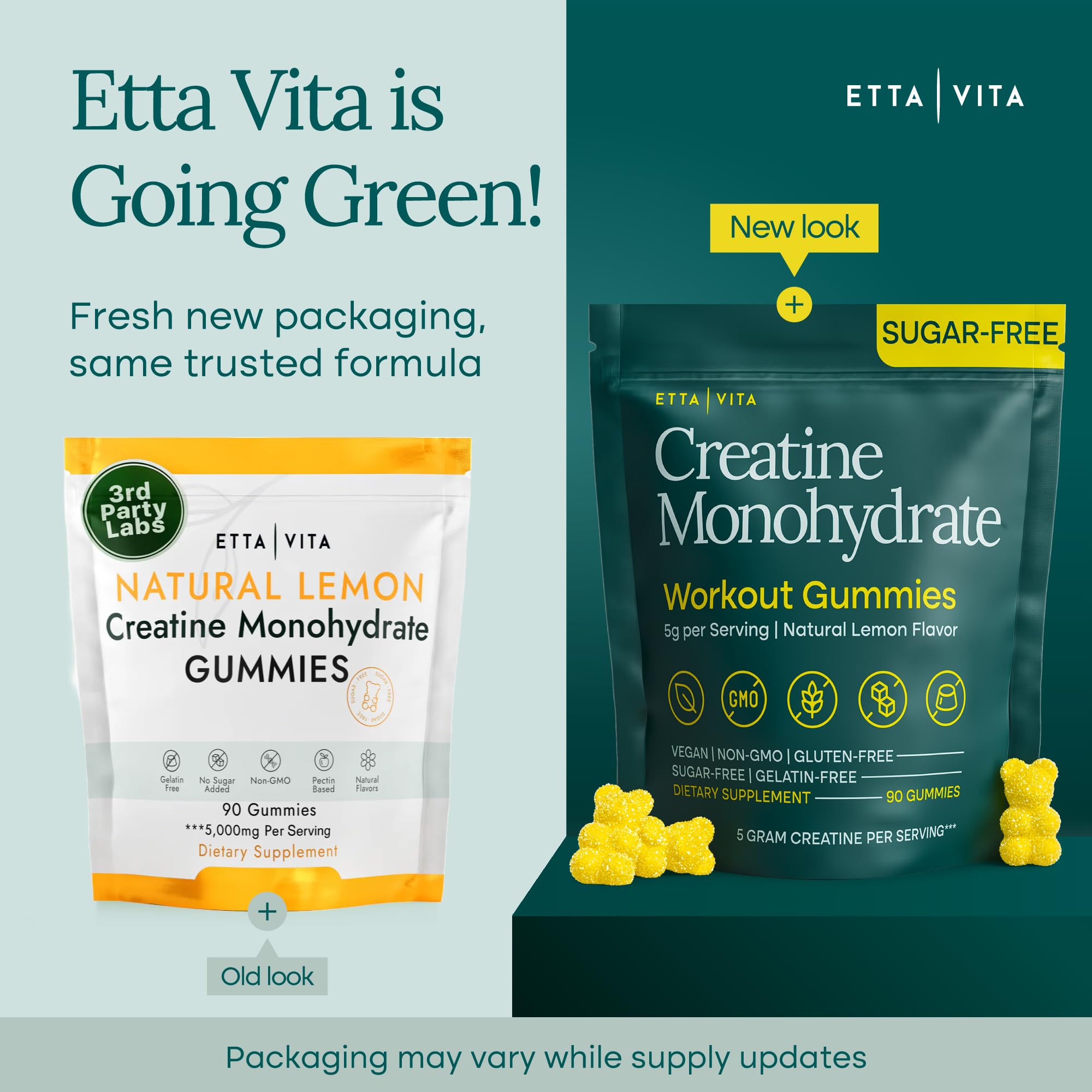Etta Vita creatine gummies lemon close-up shows tasty flavor with low sugar.