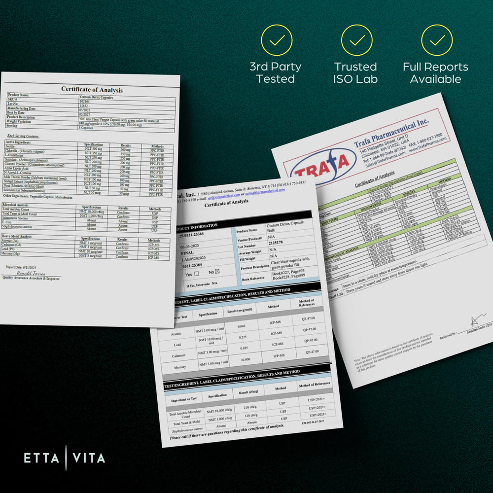 Etta Vita Zeolite Detox capsules close-up highlighting easy capsule format for cleansing support.