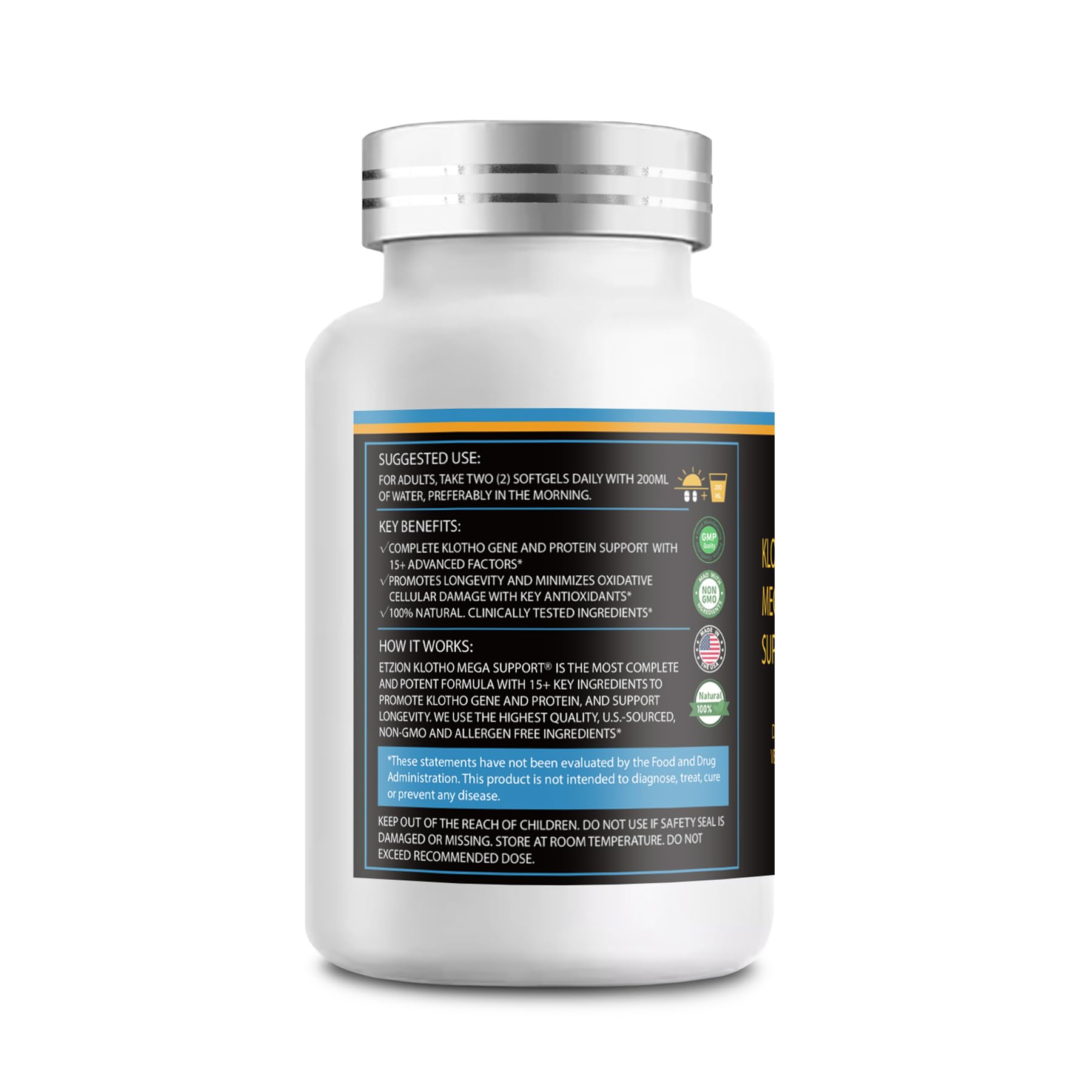 Etzion Klotho Mega Support bottle in a modern kitchen for vitality.