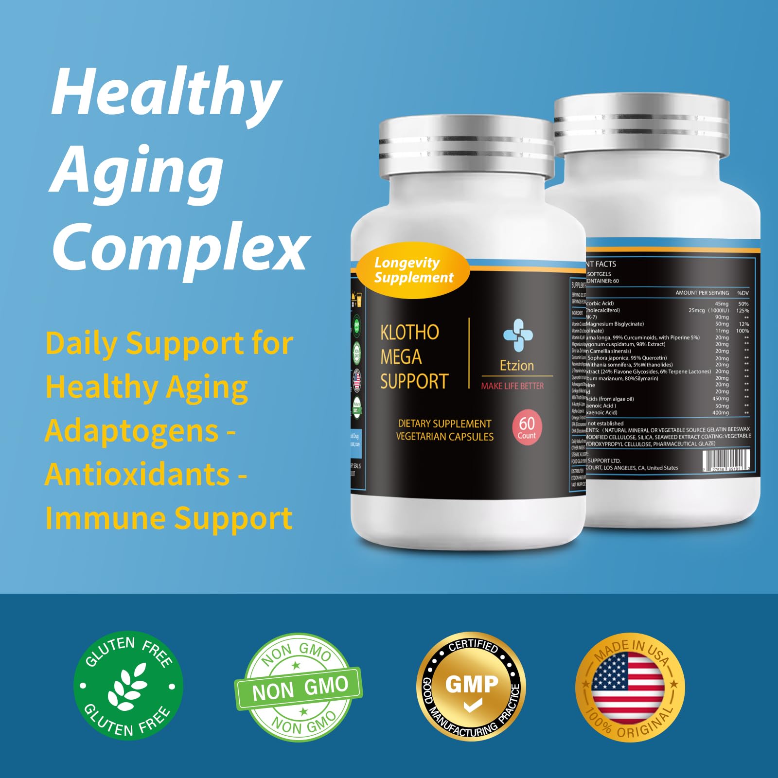 Etzion Klotho Mega Support capsules on a wooden surface for everyday wellness.