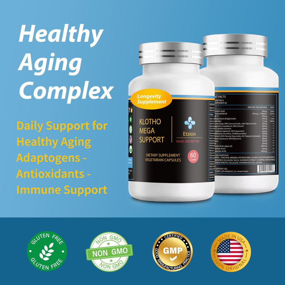Etzion Klotho Mega Support capsules on a wooden surface for everyday wellness.