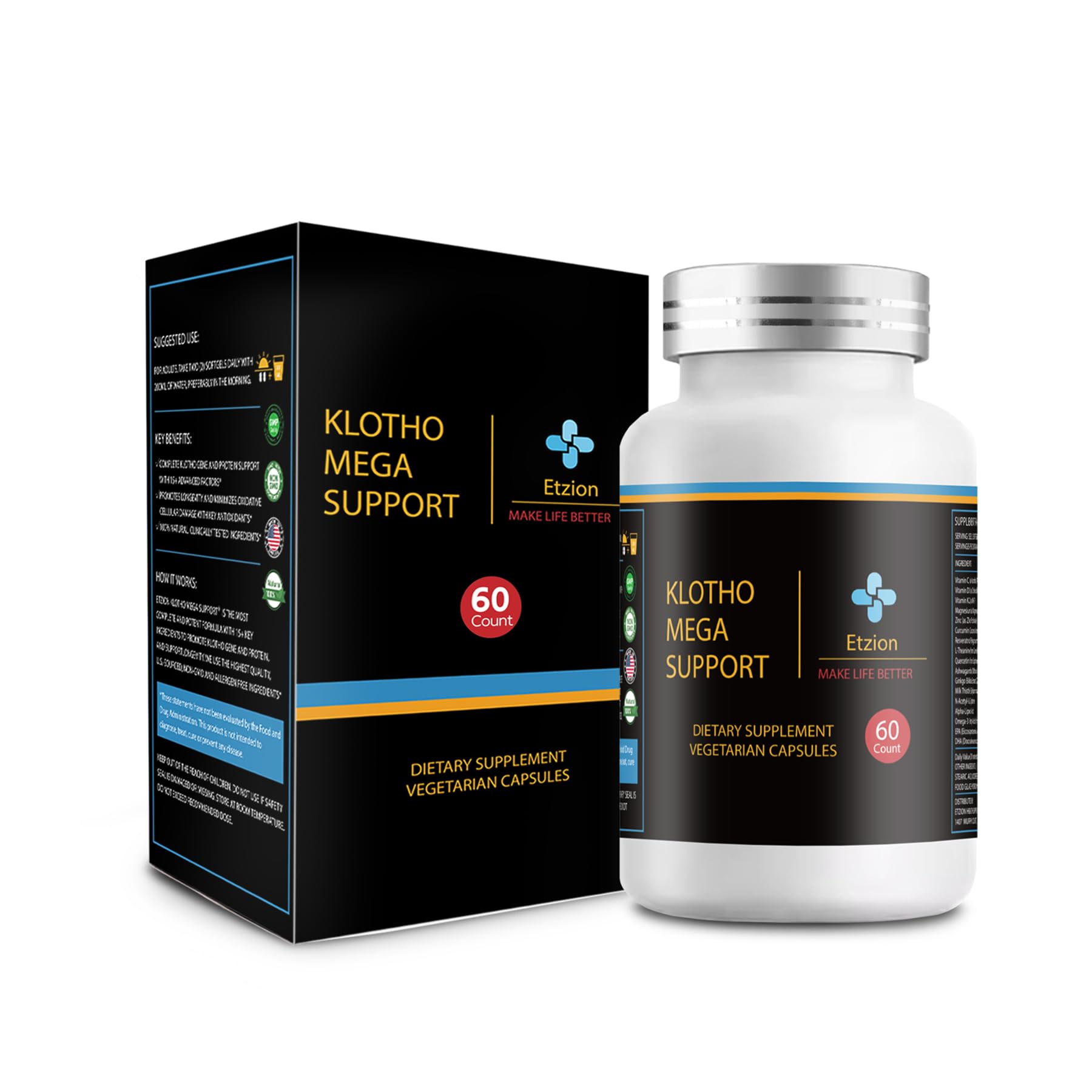 Etzion Klotho Mega Support packaging on a clean background for trusted ingredients.