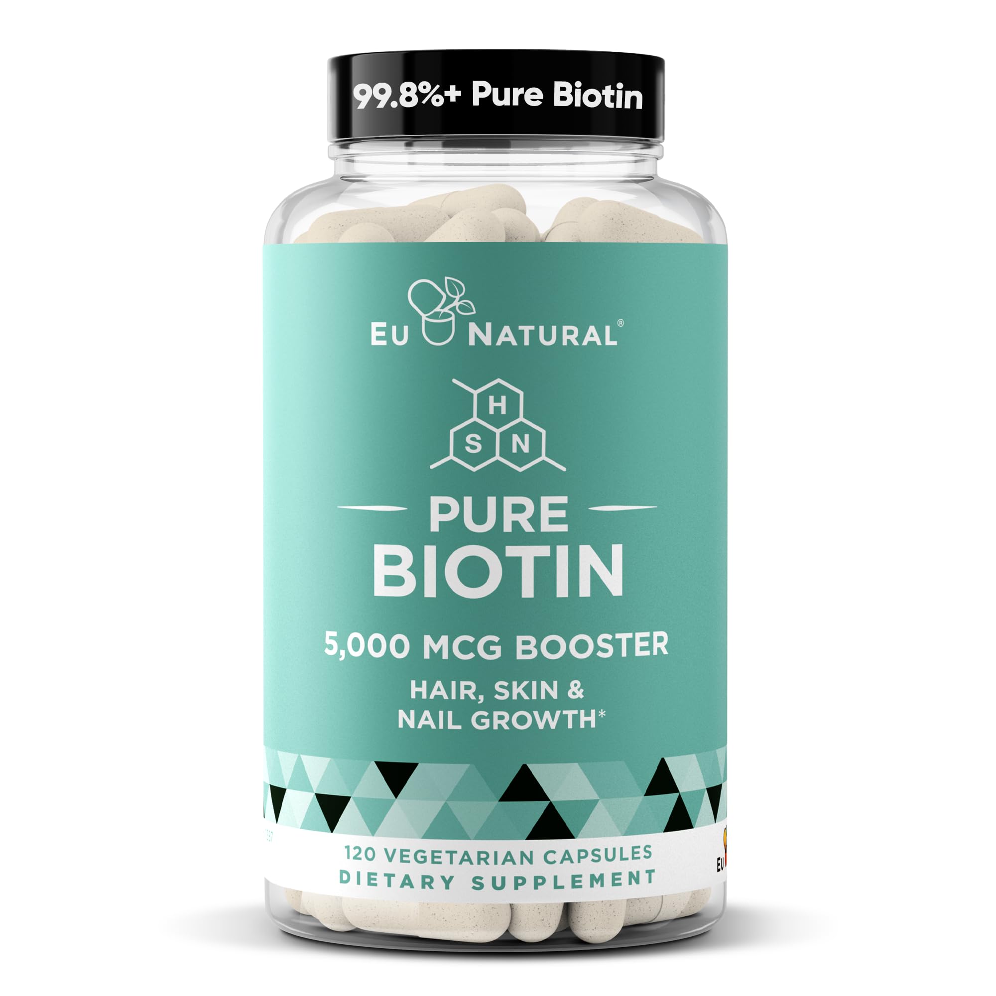 Eu Natural Biotin 5000 mcg bottle for vegan beauty support.