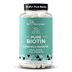 Eu Natural Biotin 5000 mcg bottle for vegan beauty support.