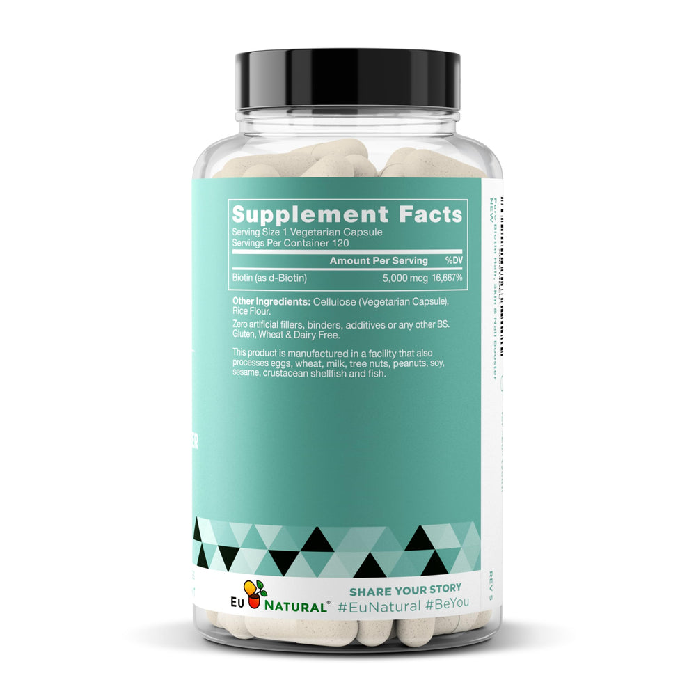 Hair, skin, nails benefits with Biotin 5000 mcg.