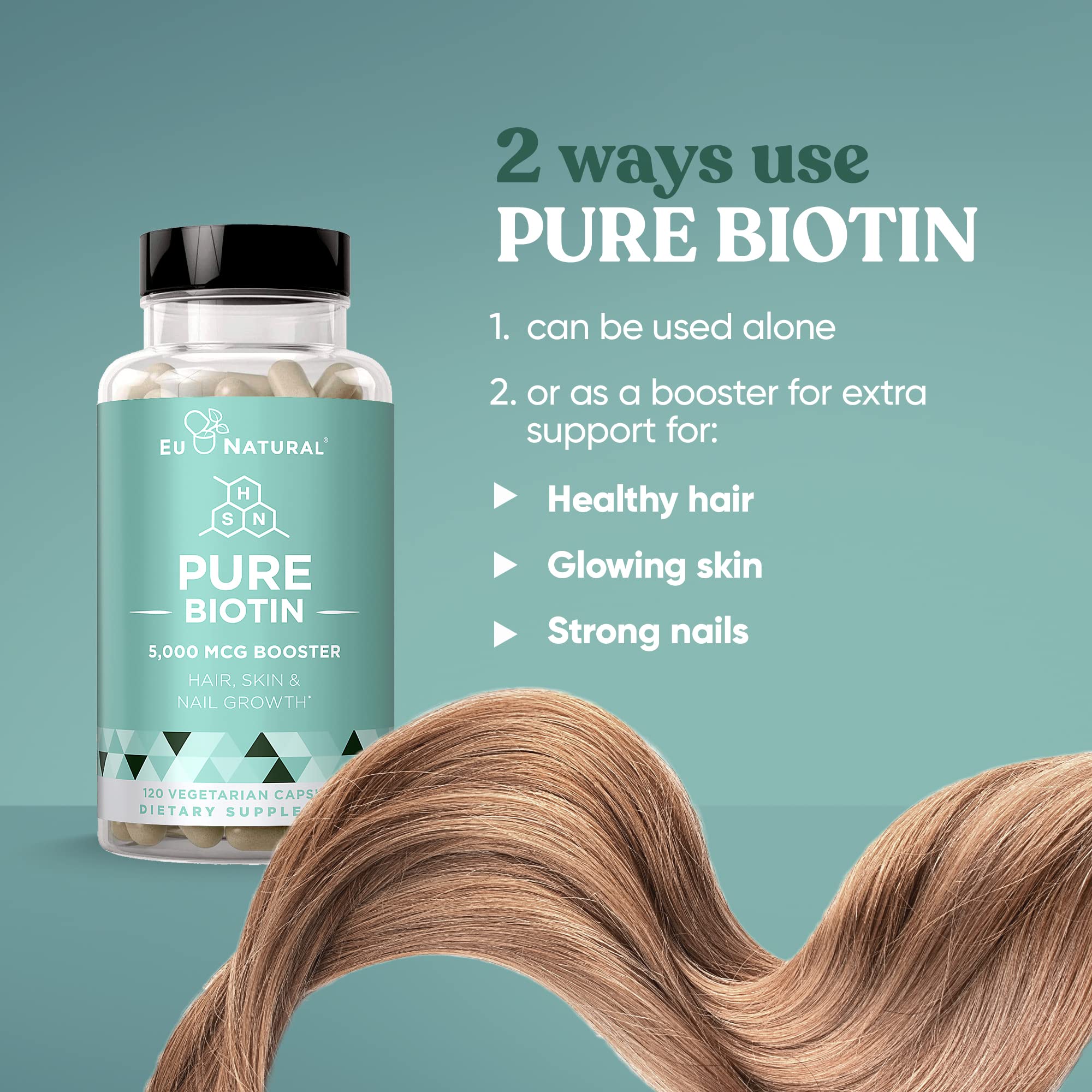 Eu Natural Biotin 5000 mcg softcaps ready for daily intake.