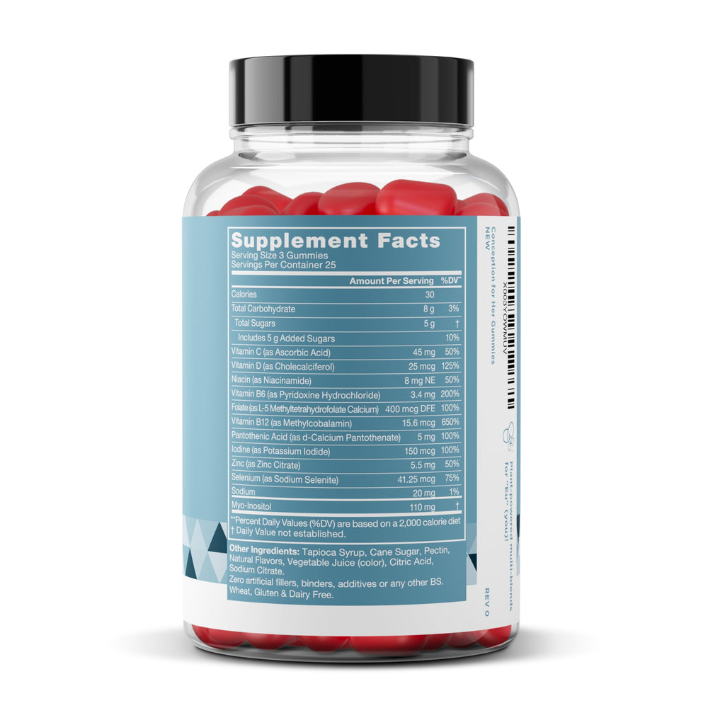 Bottle with nutrition facts label for Eu Natural Conception for Her gummies