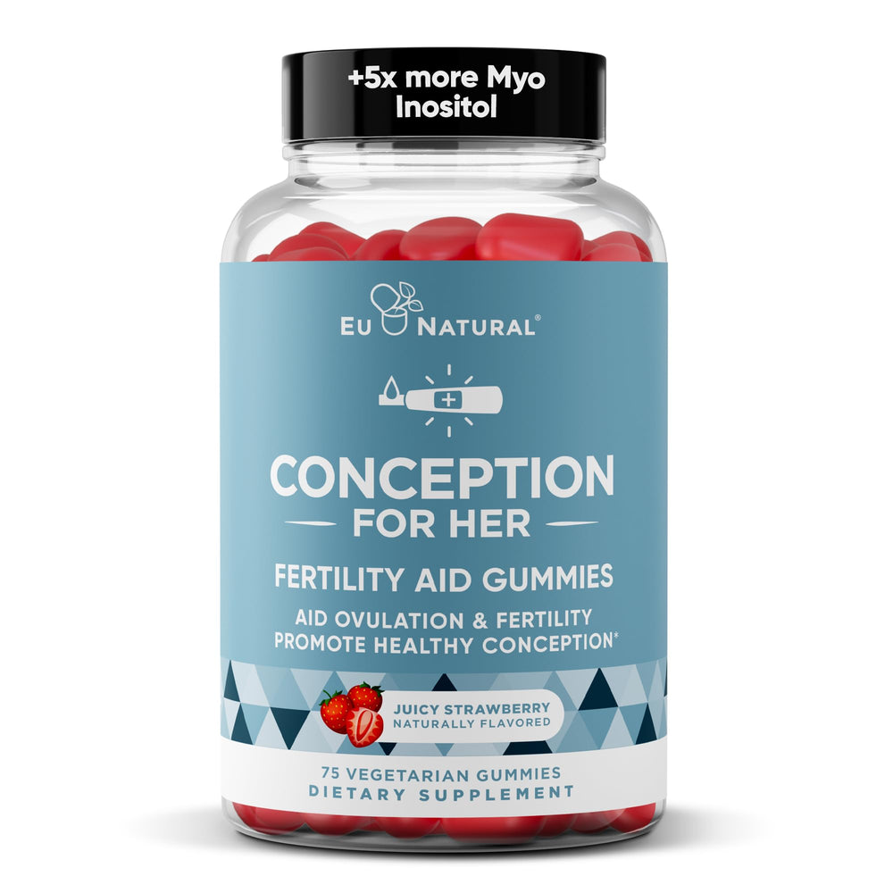 Eu Natural Conception for Her gummies bottle with strawberry flavor for daily routine.