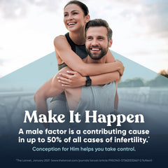 Eu Natural Conception for Him label closeup, highlighting 14 essential vitamins and minerals.
