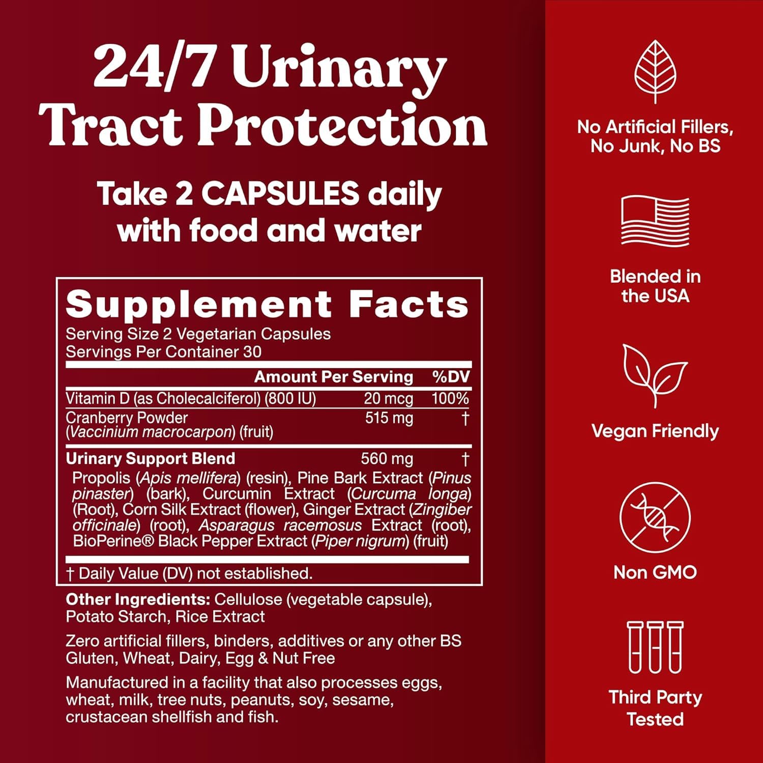 Eu Natural Cranberry Pine Bark Propolis Vitamin D bottle highlights potency.