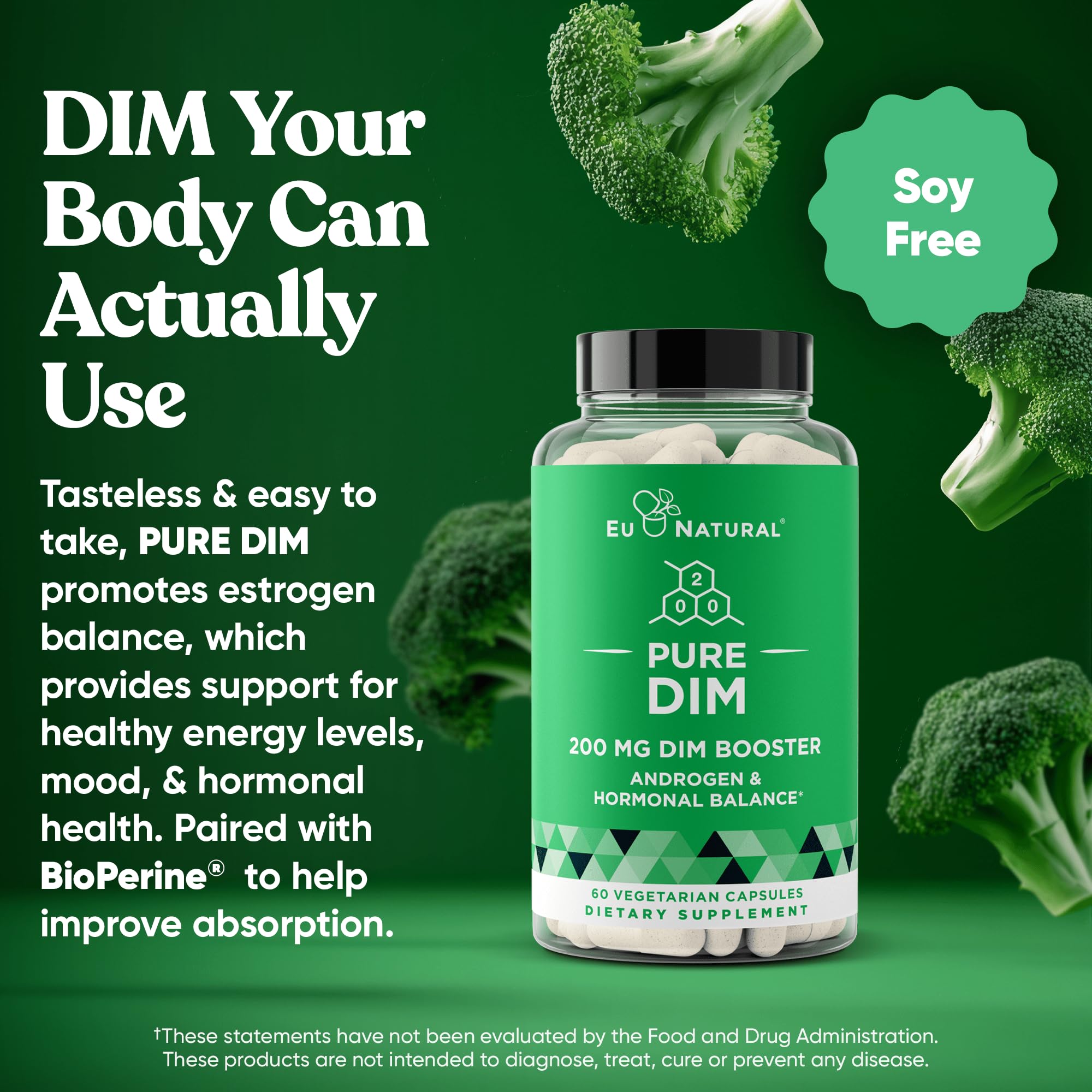 Eu Natural DIM soft capsules closeup showing vegetarian formula for daily balance.