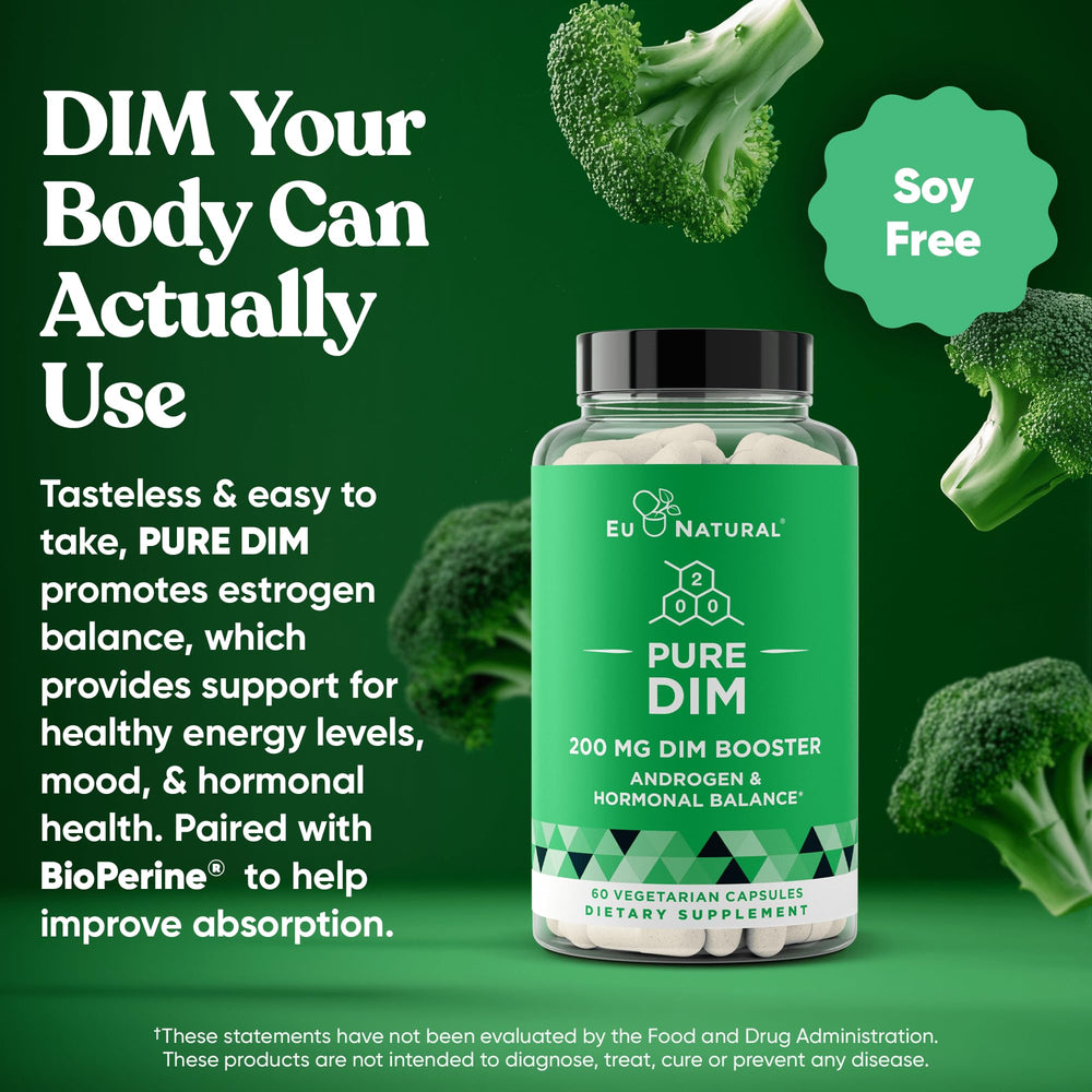 Eu Natural DIM soft capsules closeup showing vegetarian formula for daily balance.