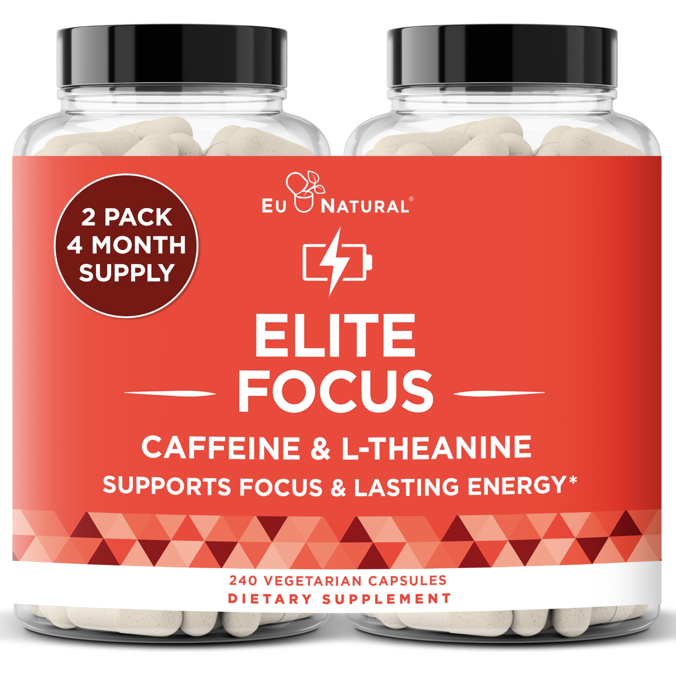 Eu Natural Elite Caffeine Pills bottle shows jitter-free focus promise.