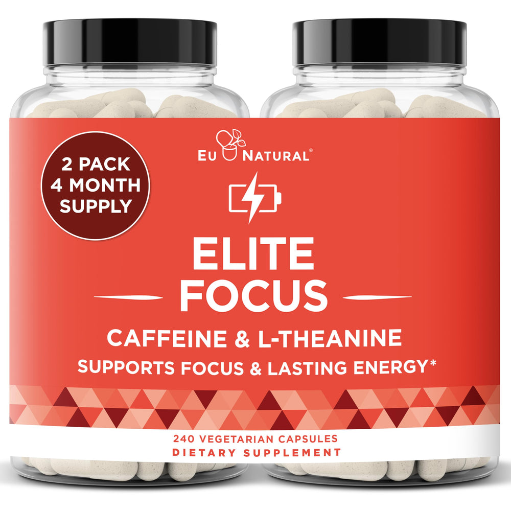 Eu Natural Elite Caffeine Pills bottle shows jitter-free focus promise.