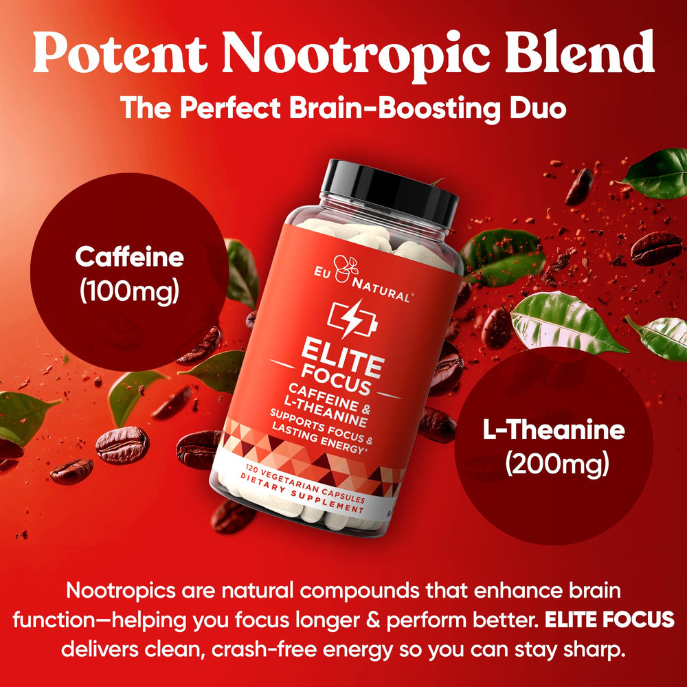 Eu Natural Elite Caffeine soft capsules close-up emphasizes easy-to-swallow format