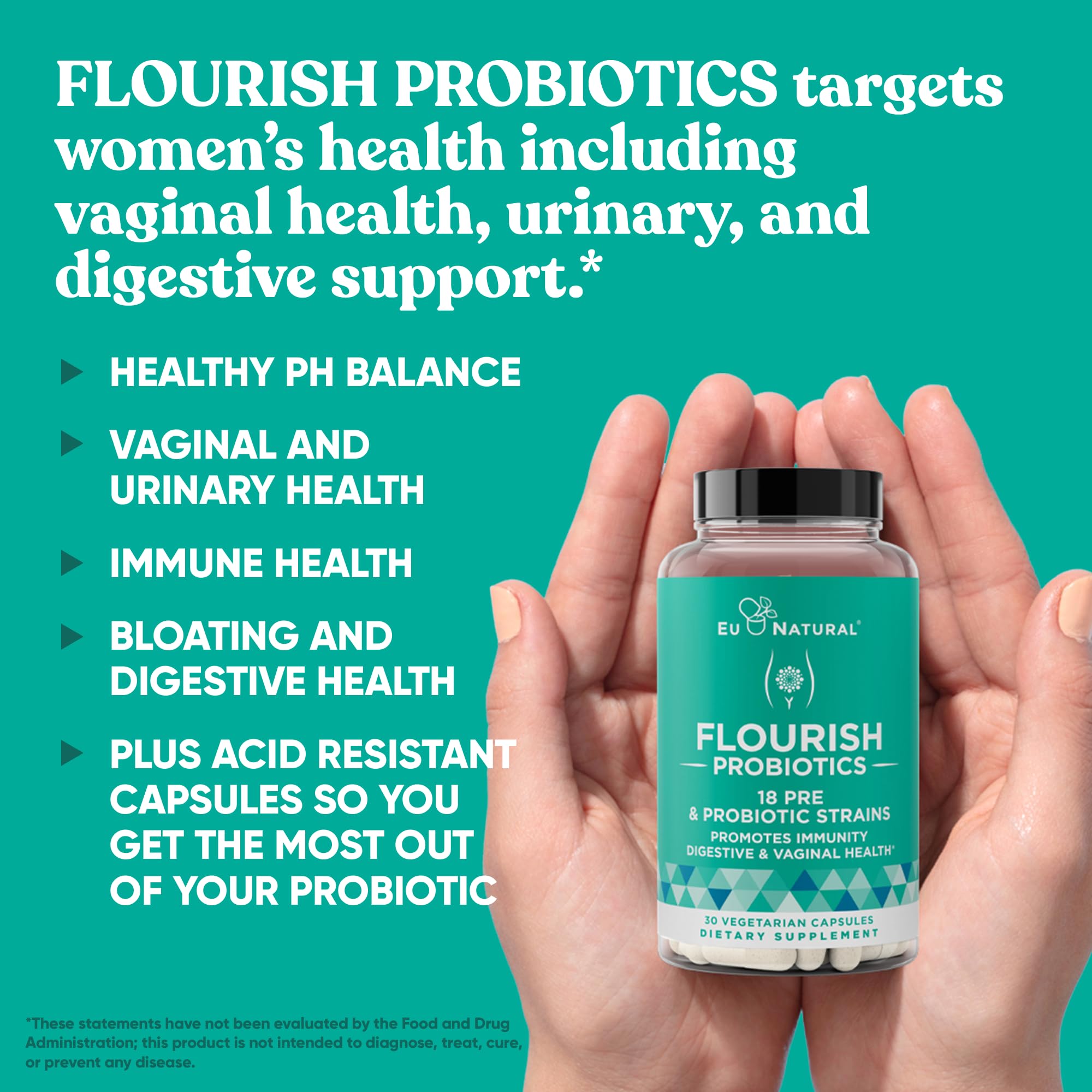 Eu Natural Flourish label close-up highlighting 18 strains and 14B CFU.