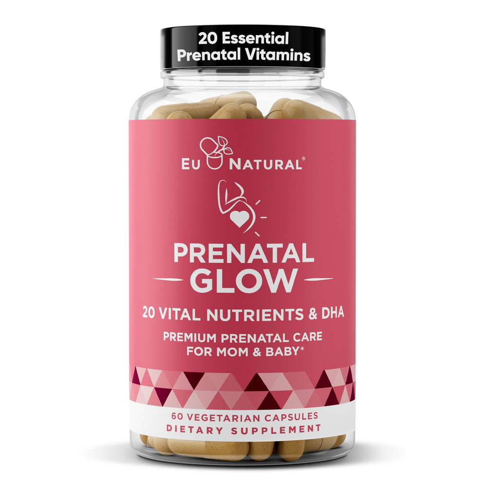 Eu Natural Glow Prenatal bottle front view for daily prenatal nourishment.