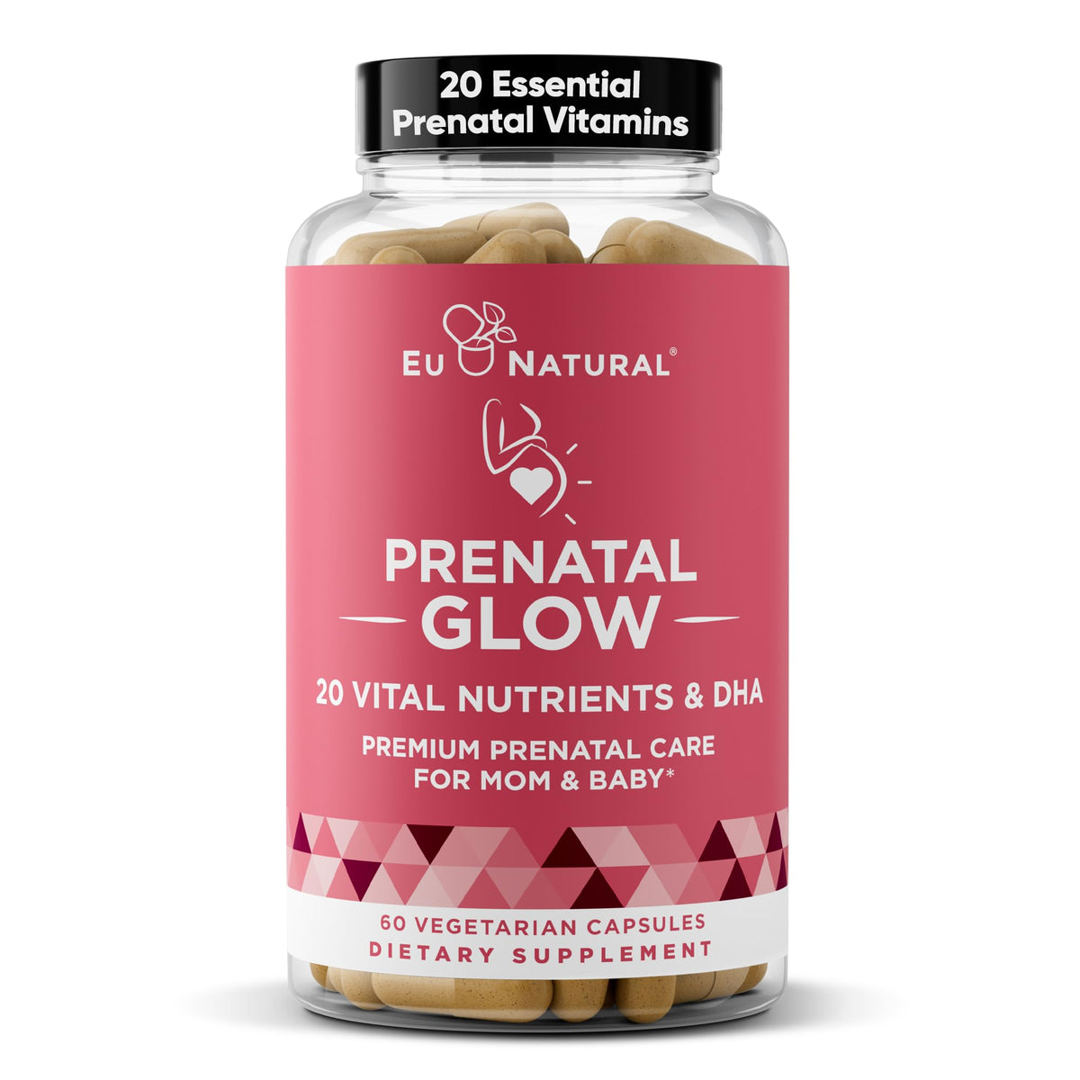 Eu Natural Glow Prenatal bottle front view for daily prenatal nourishment.