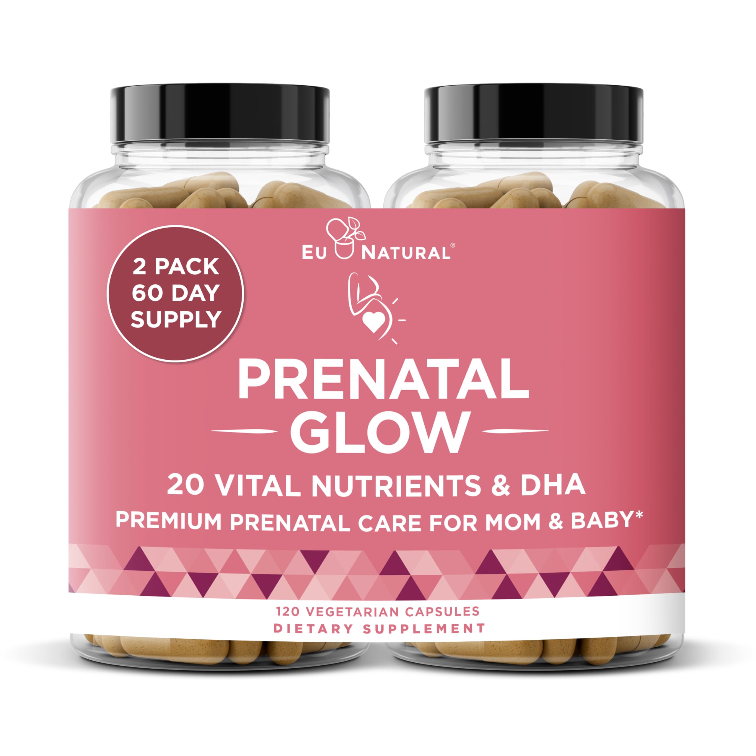 Eu Natural Glow Prenatal bottle front view showing 120 capsules for comprehensive prenatal nutrition