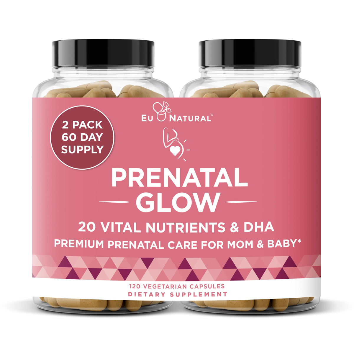 Eu Natural Glow Prenatal bottle front view showing 120 capsules for comprehensive prenatal nutrition