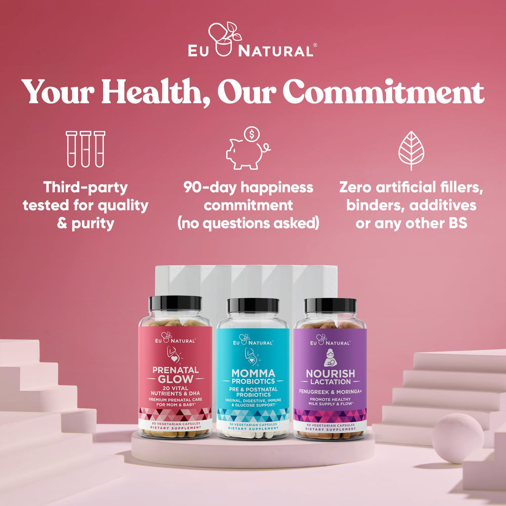 Eu Natural Glow Prenatal bottle with spoon illustrating simple daily dosage.