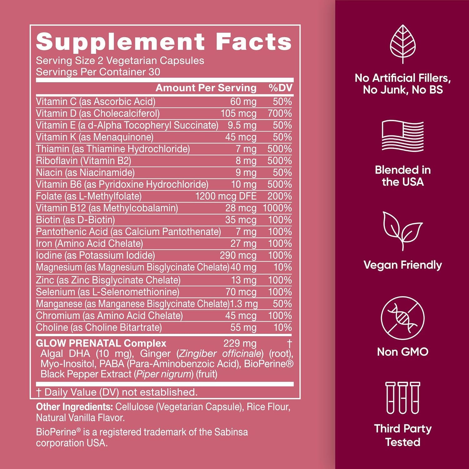 Eu Natural Glow Prenatal includes DHA and folic acid for balanced development support.