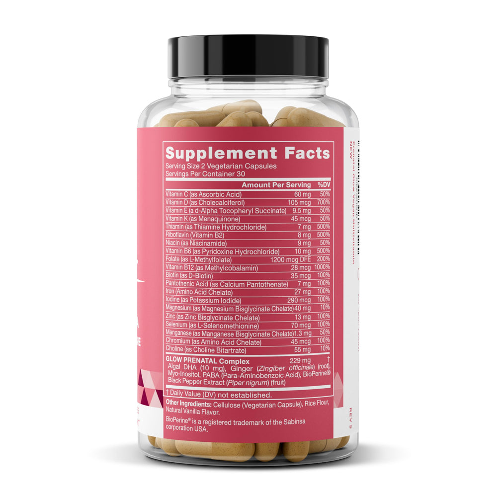 Eu Natural Glow Prenatal ingredients chart hints at comprehensive nutrient profile.