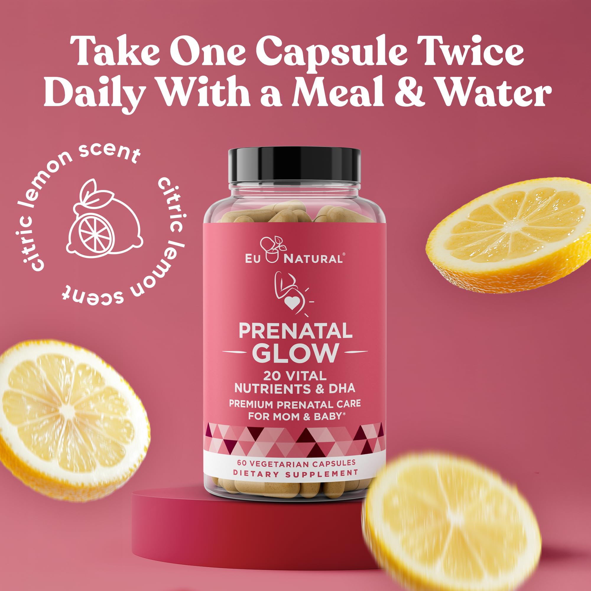 Vegan capsules of Eu Natural Glow Prenatal in a clean bottle