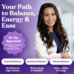 Eu Natural Menopause Balance bottle pour showing easy daily dosing.