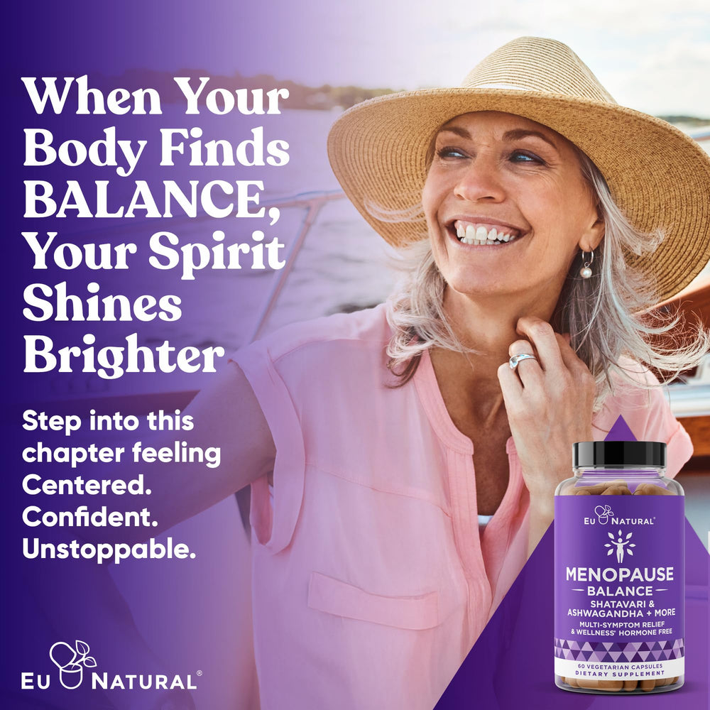 Eu Natural Menopause Balance label closeup highlights ingredients and benefits.