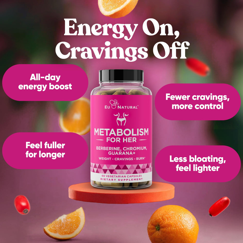 Eu Natural Metabolism for Her chromium picolinate capsule close-up emphasizes hunger regulation.