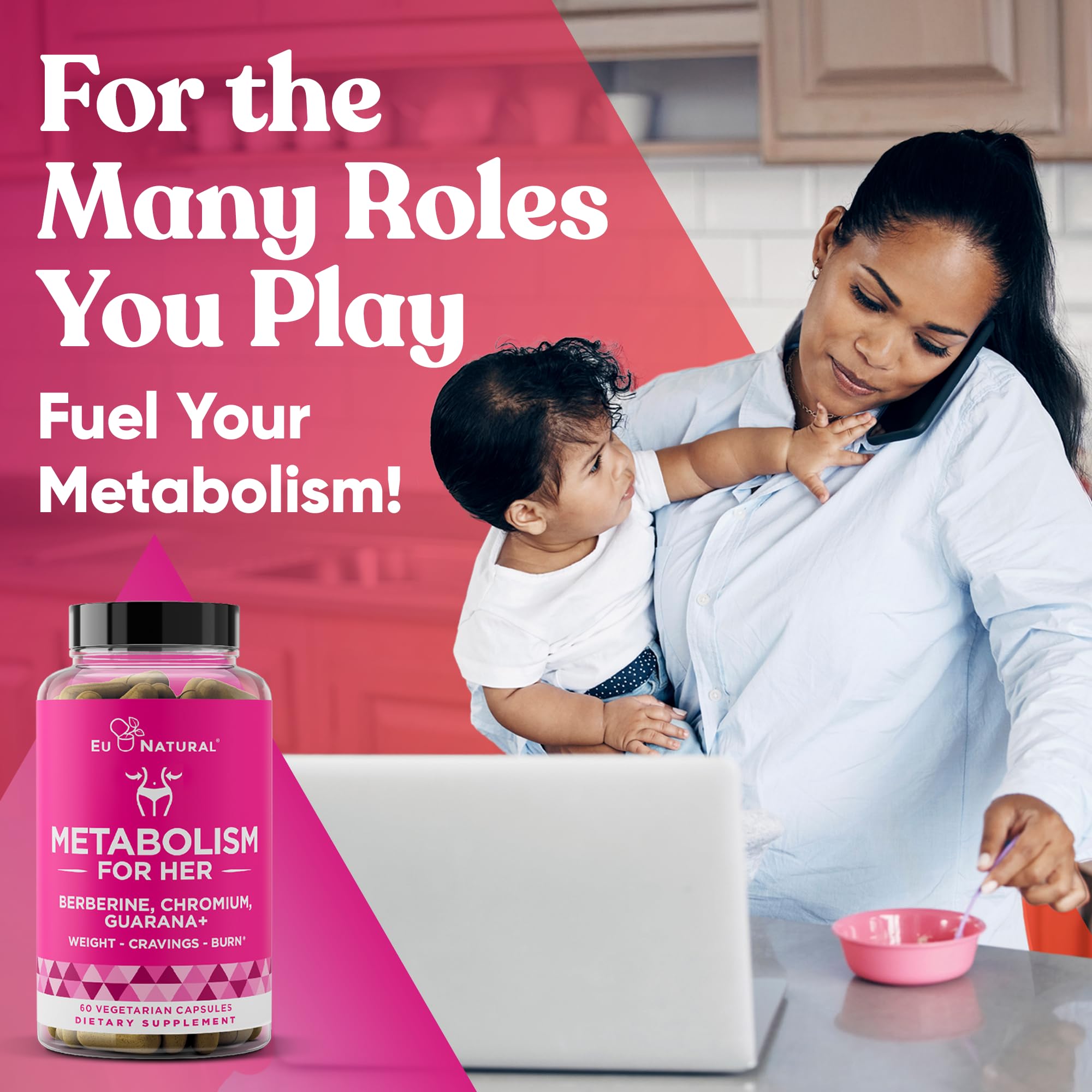 Eu Natural Metabolism for Her glass and bottle on kitchen counter