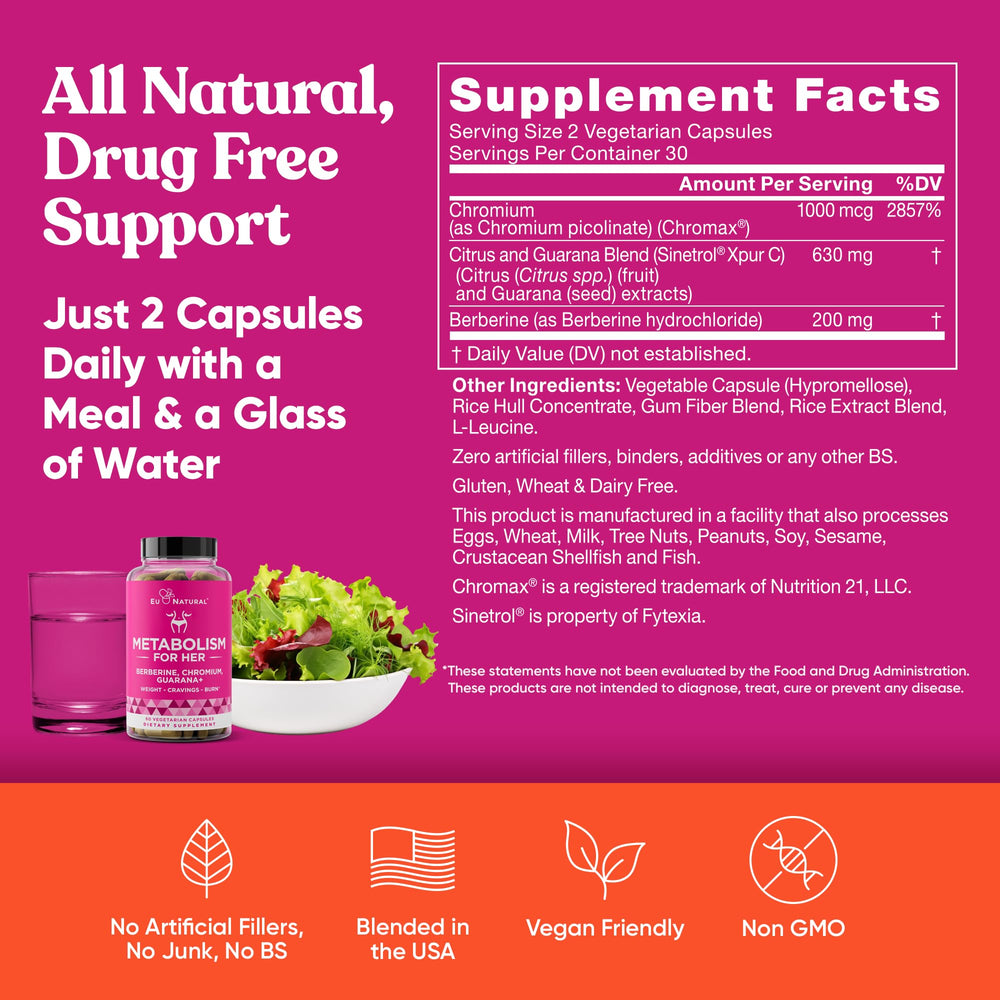 Eu Natural Metabolism for Her gluten-free and dairy-free formulation highlighted.